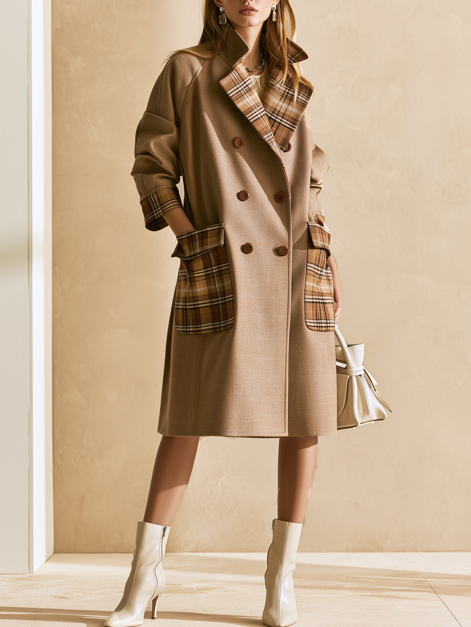 Brown Wool-blend Coat With Plaid Fabric Paneling