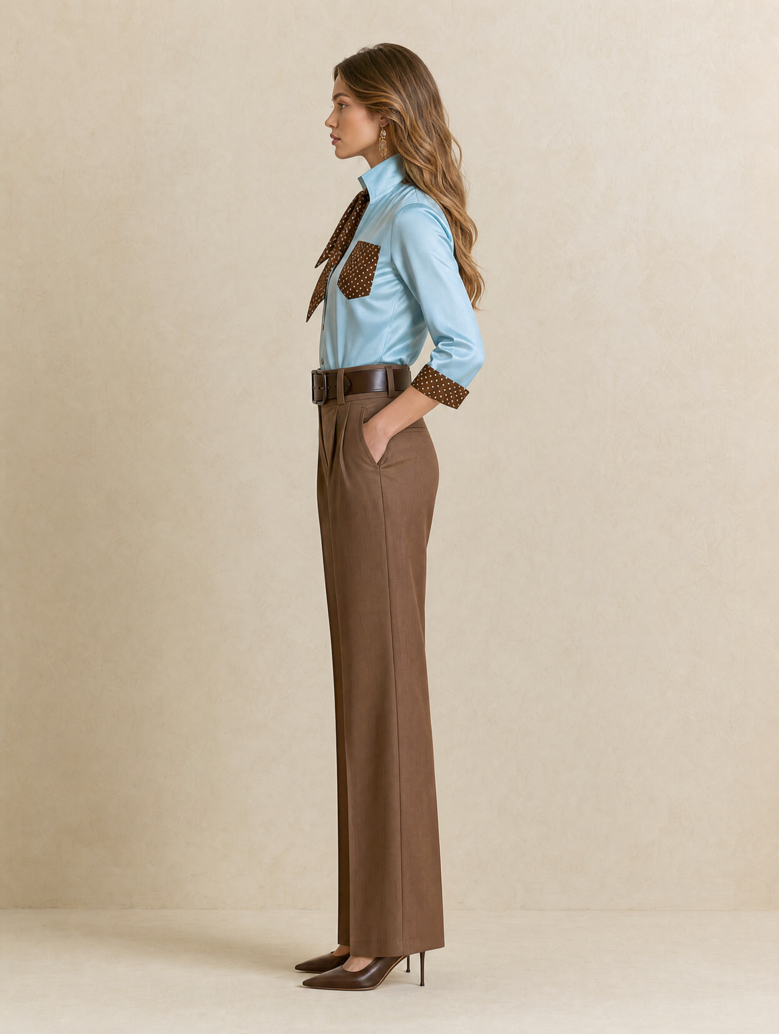 Light Blue And Brown Color-block Shirt With Polka Dots