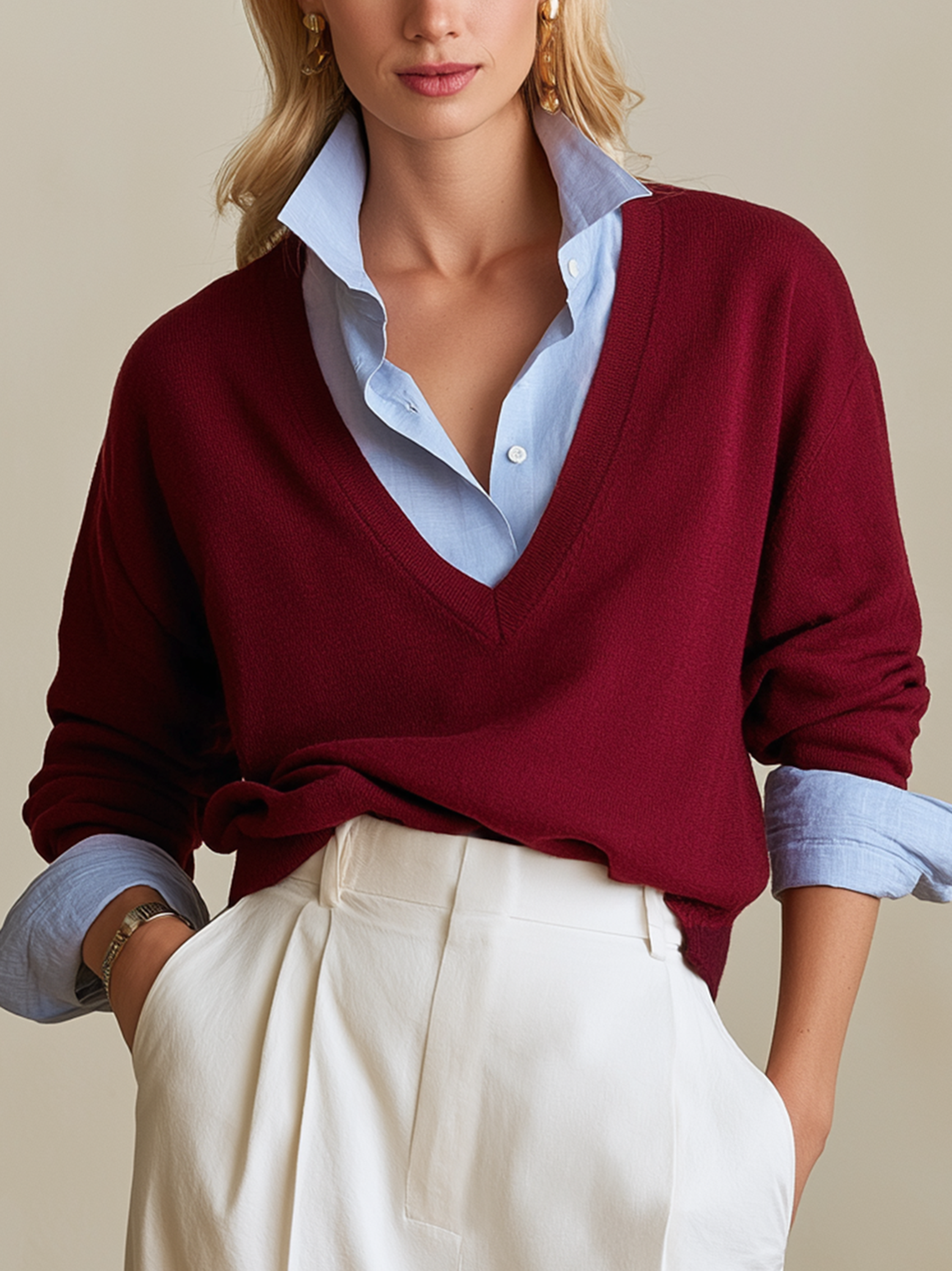Burgundy V‑Neck Shirt‑Yoke Faux Two‑Piece Knit Top