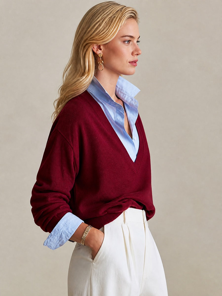 Burgundy V‑Neck Shirt‑Yoke Faux Two‑Piece Knit Top