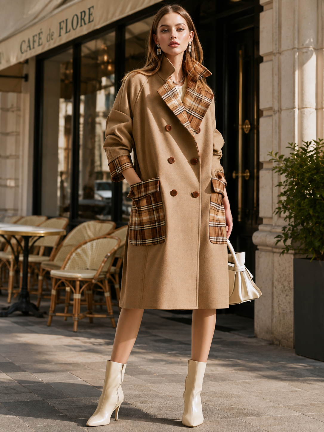 Brown Wool-blend Coat With Plaid Fabric Paneling