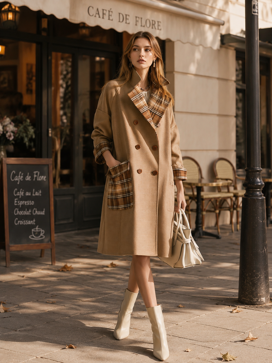 Brown Wool-blend Coat With Plaid Fabric Paneling