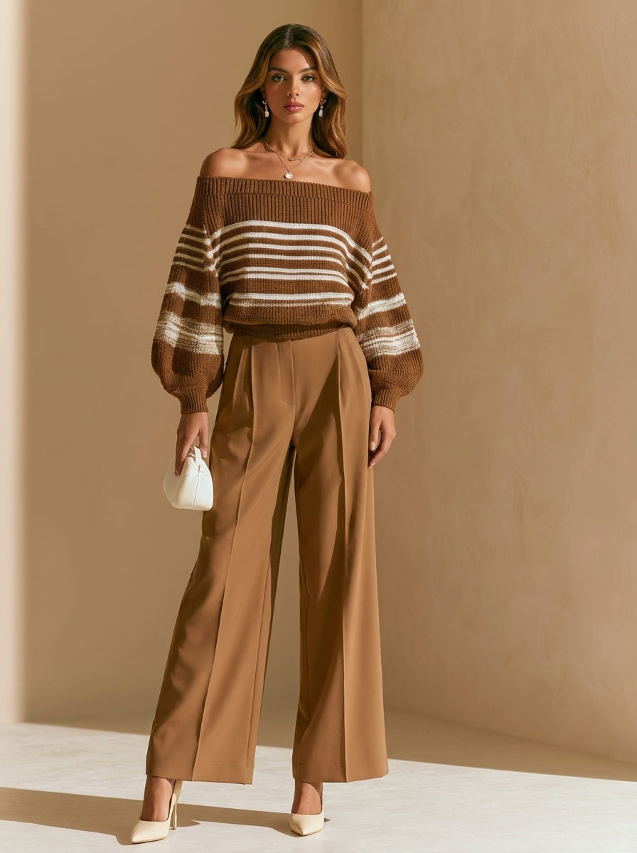 Elegant Brown Off-shoulder Knit Top With White Stripes