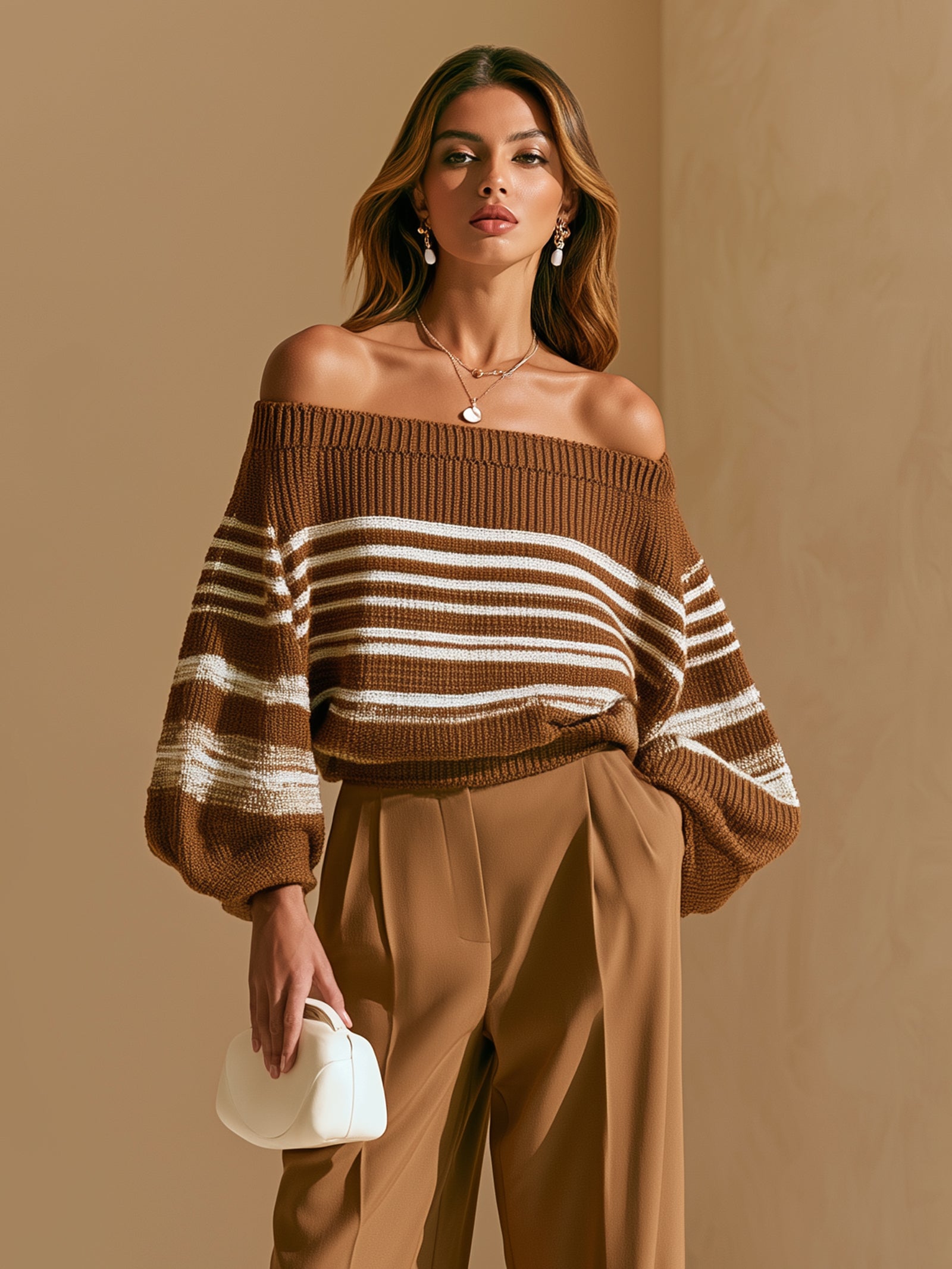 Elegant Brown Off-shoulder Knit Top With White Stripes