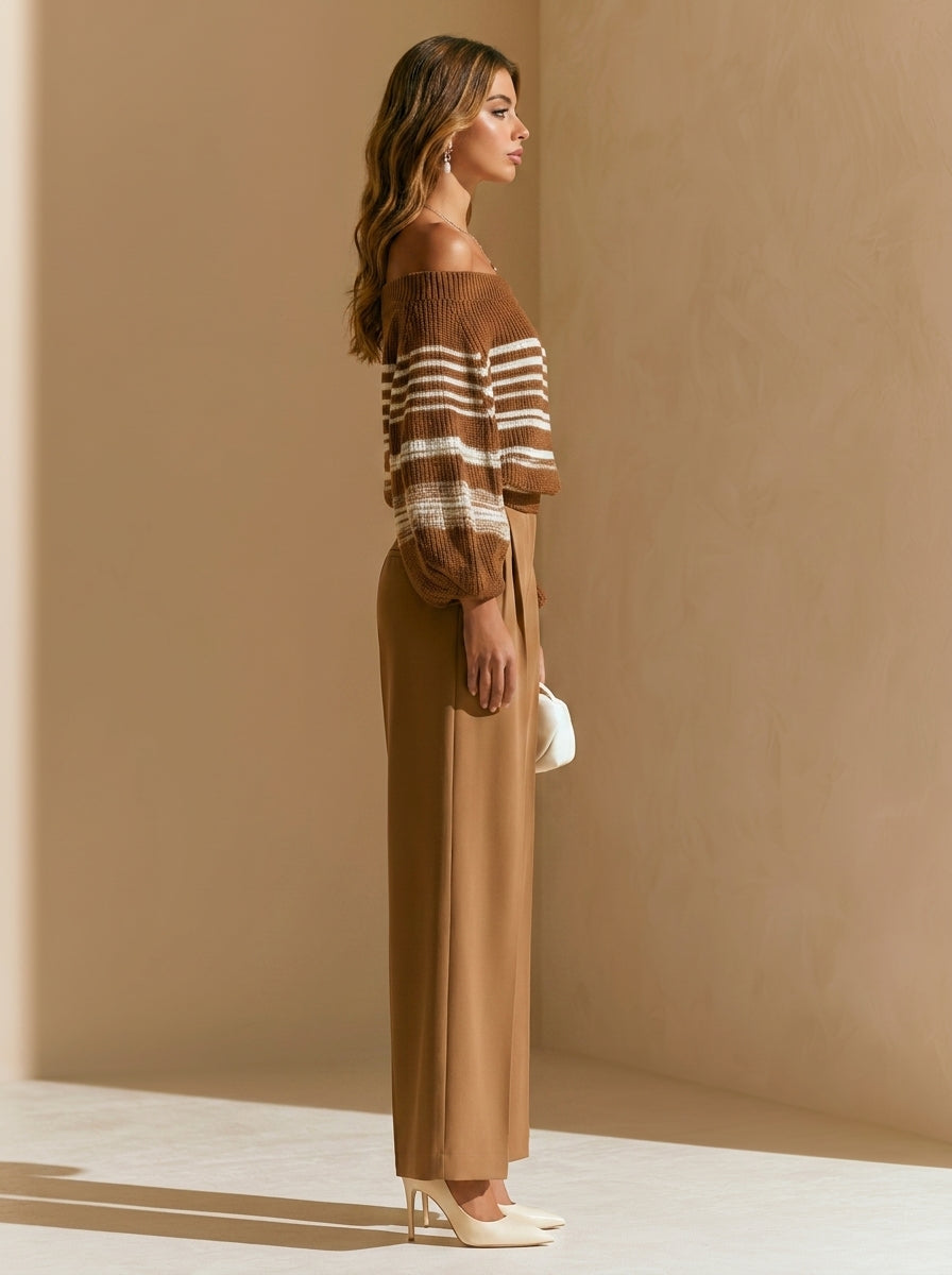 Elegant Brown Off-shoulder Knit Top With White Stripes