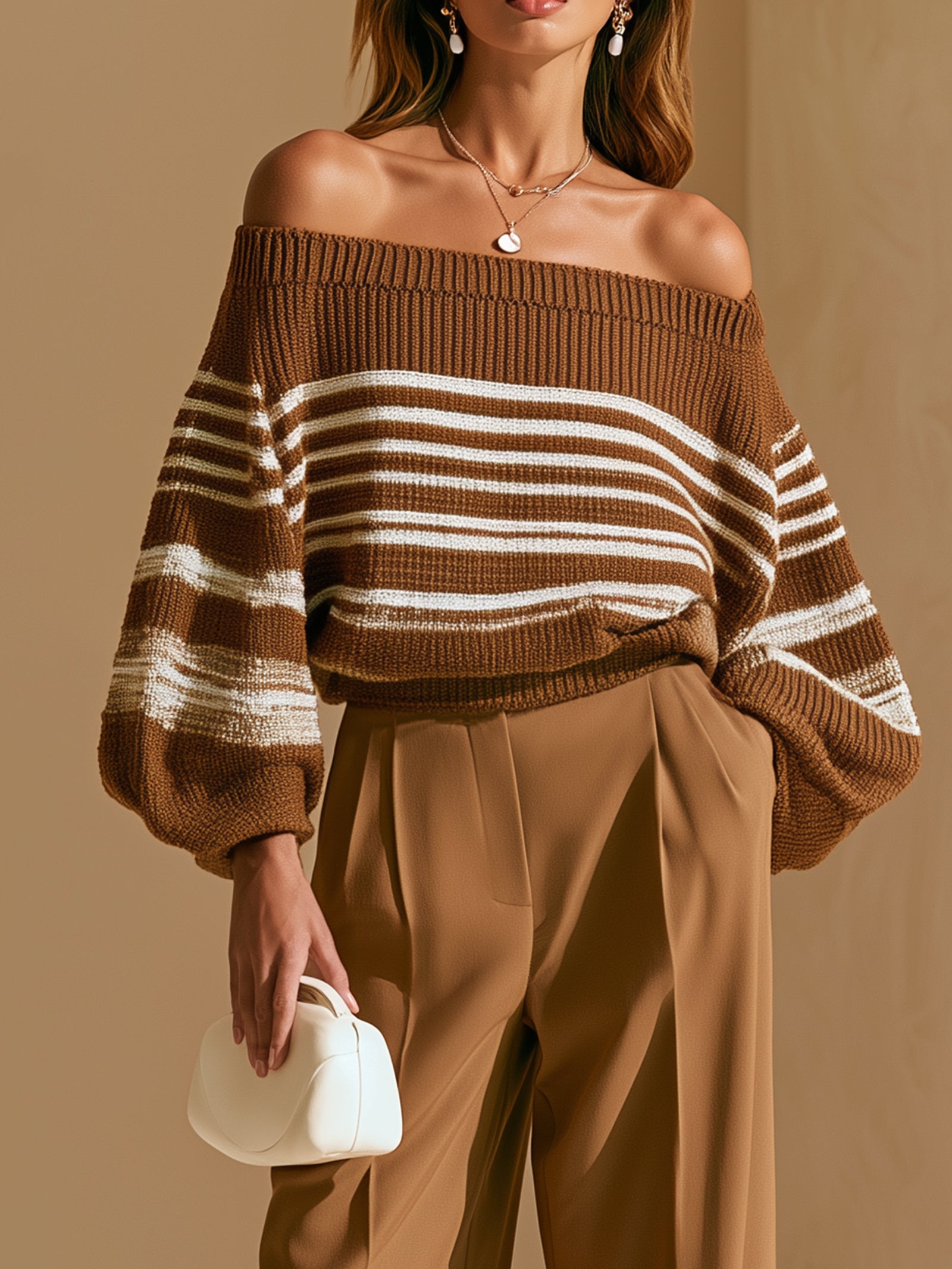 Elegant Brown Off-shoulder Knit Top With White Stripes