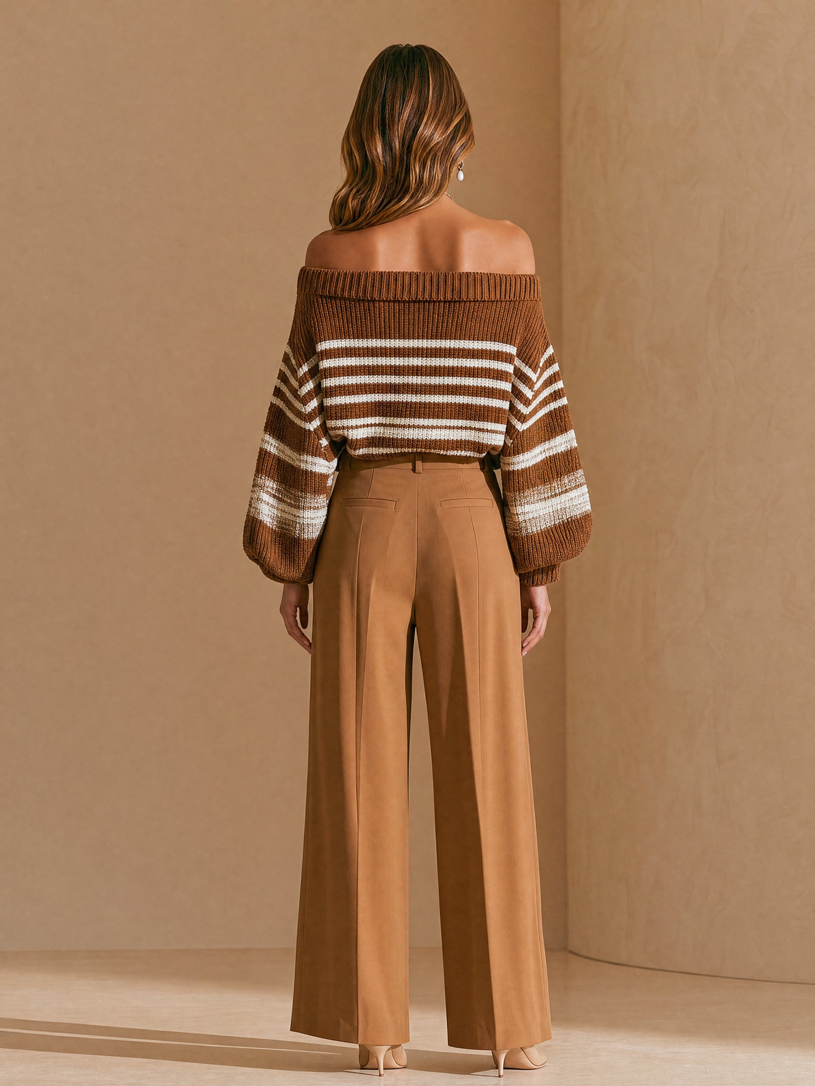 Elegant Brown Off-shoulder Knit Top With White Stripes