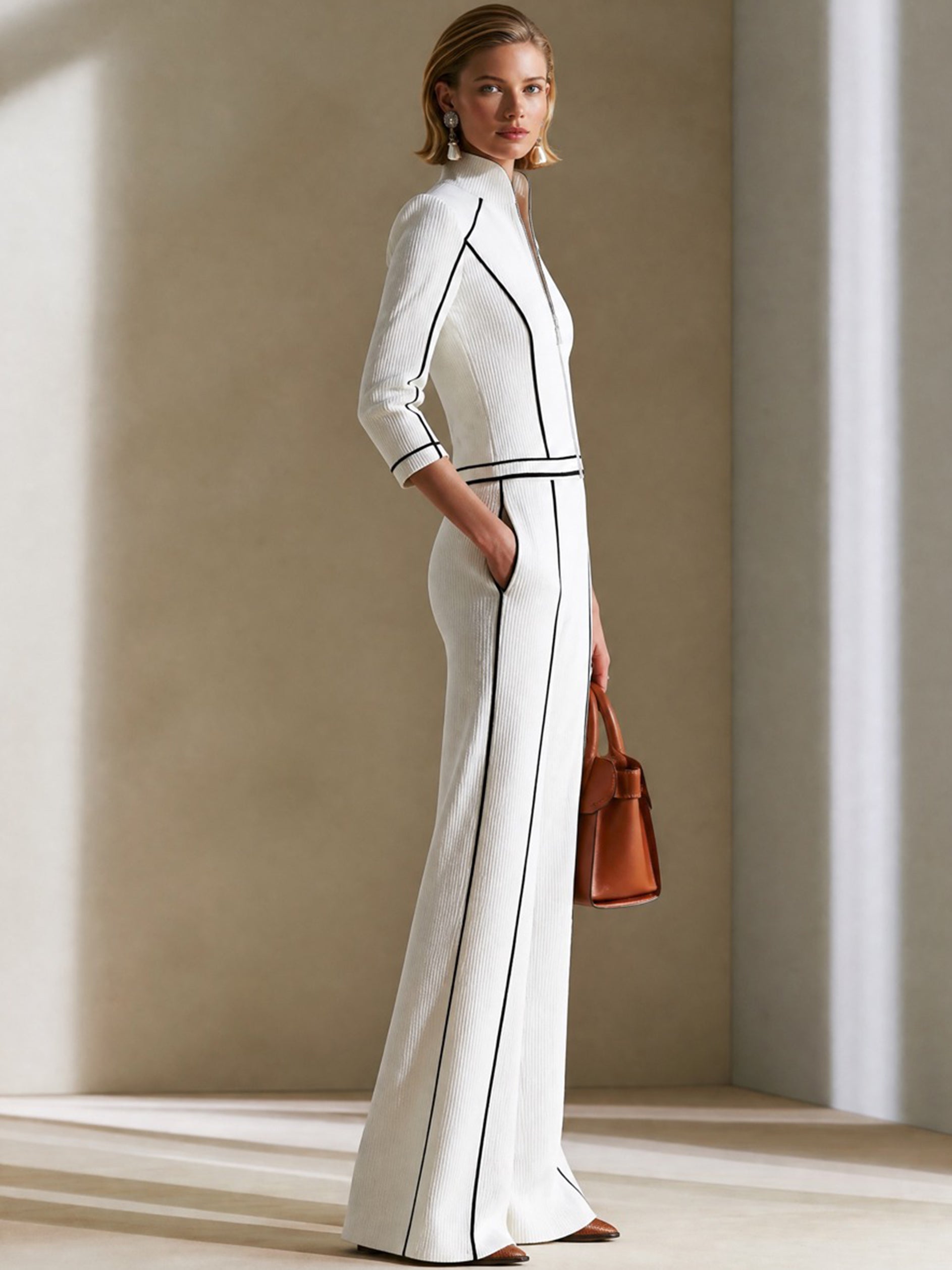 Stand‑Collar Zip‑Front Jacket & Wide‑Leg Pant Set