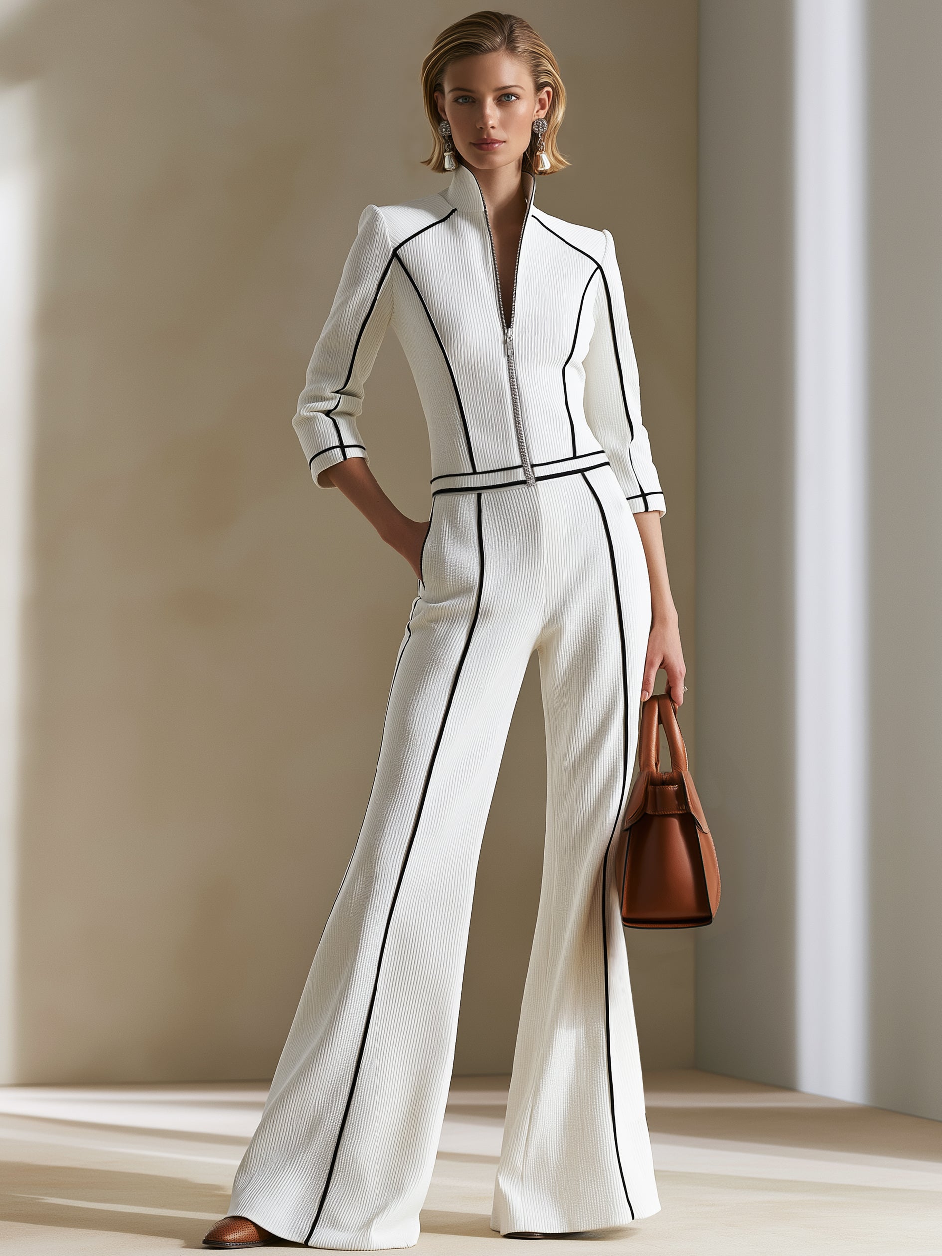Stand‑Collar Zip‑Front Jacket & Wide‑Leg Pant Set