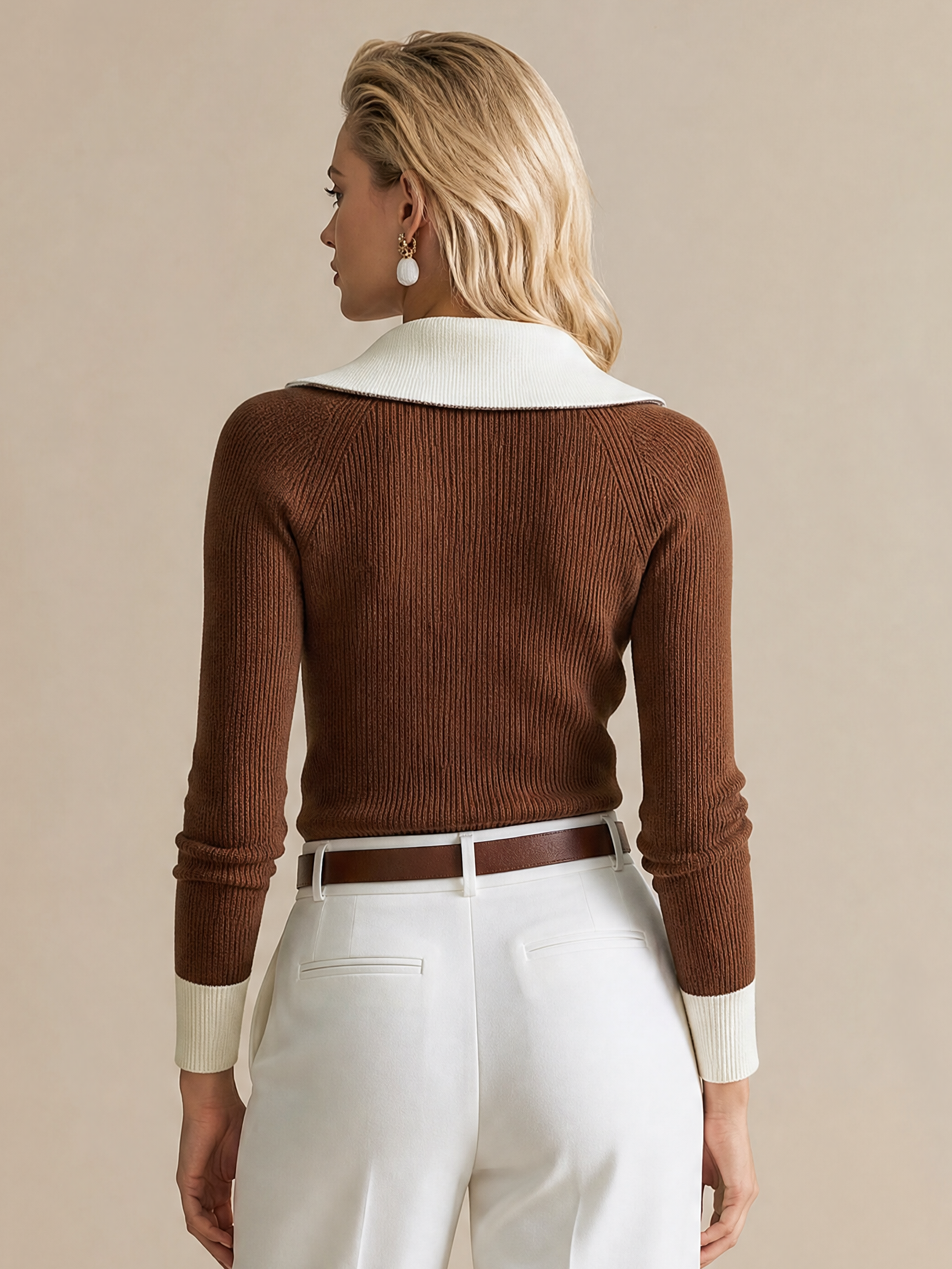 Elegant Chocolate Brown & Ivory Contrast Half-Zip Knit Top