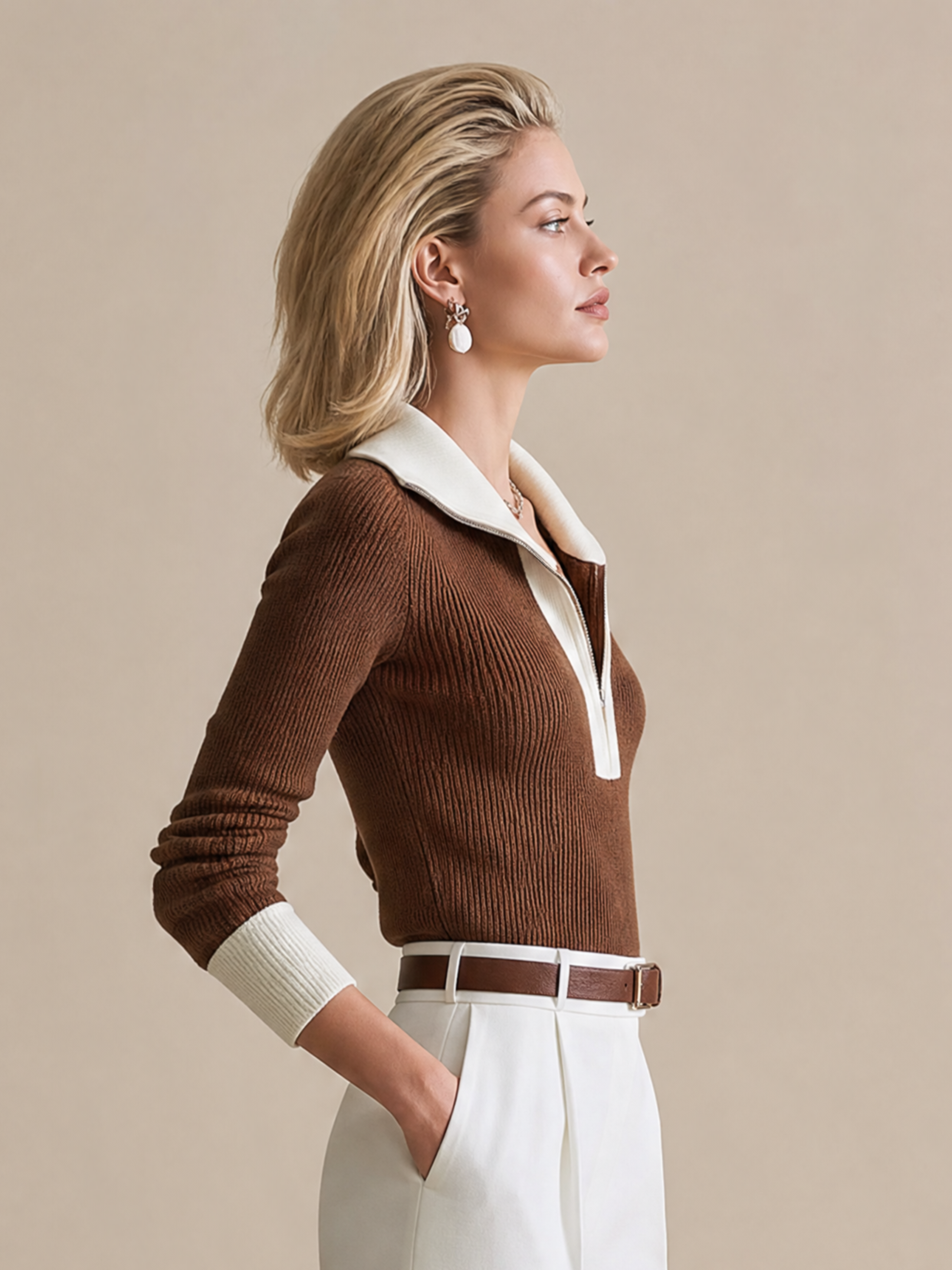Elegant Chocolate Brown & Ivory Contrast Half-Zip Knit Top
