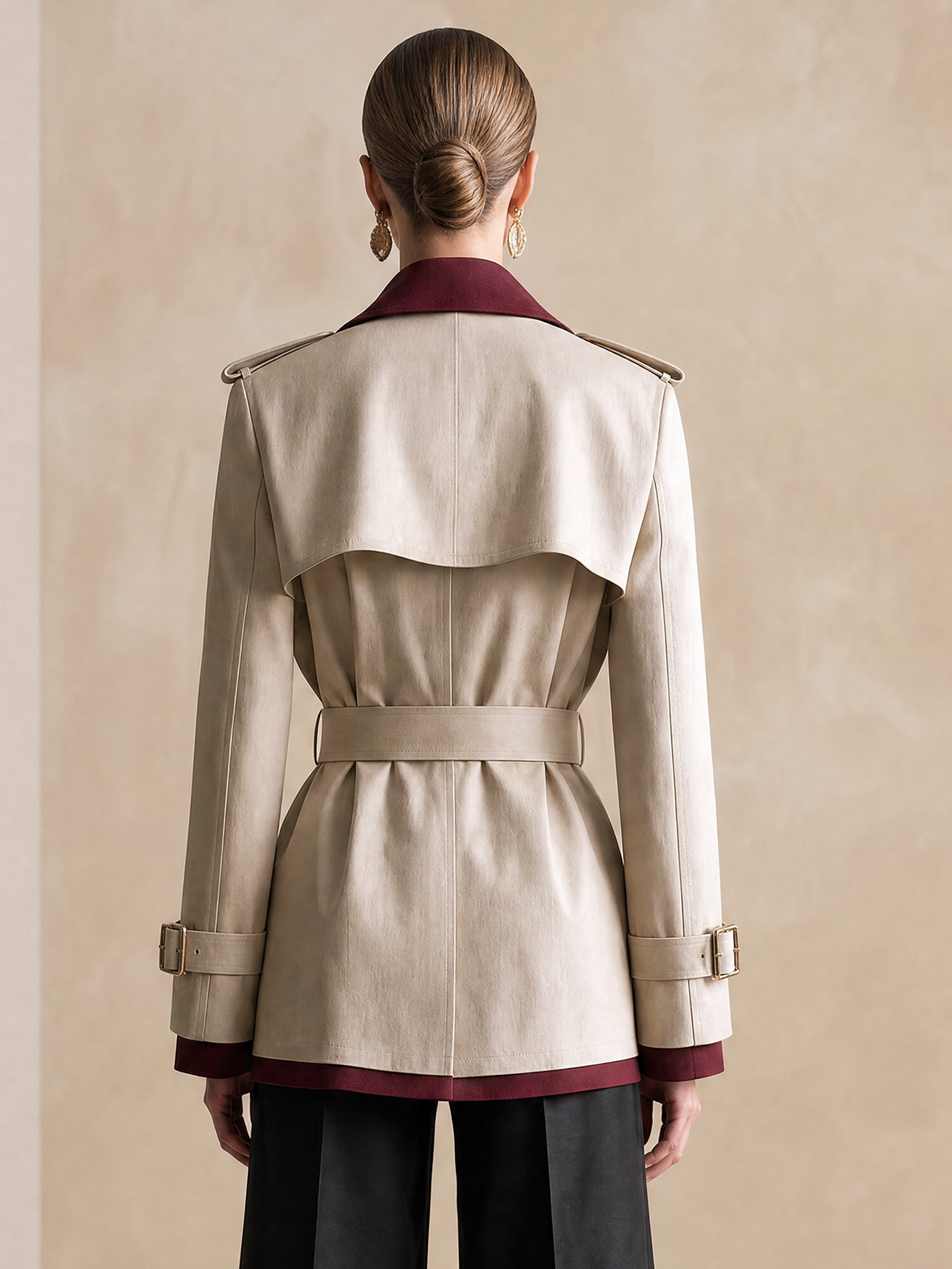 Elegant Ivory & Burgundy Contrast Belted Short Trench Jacket