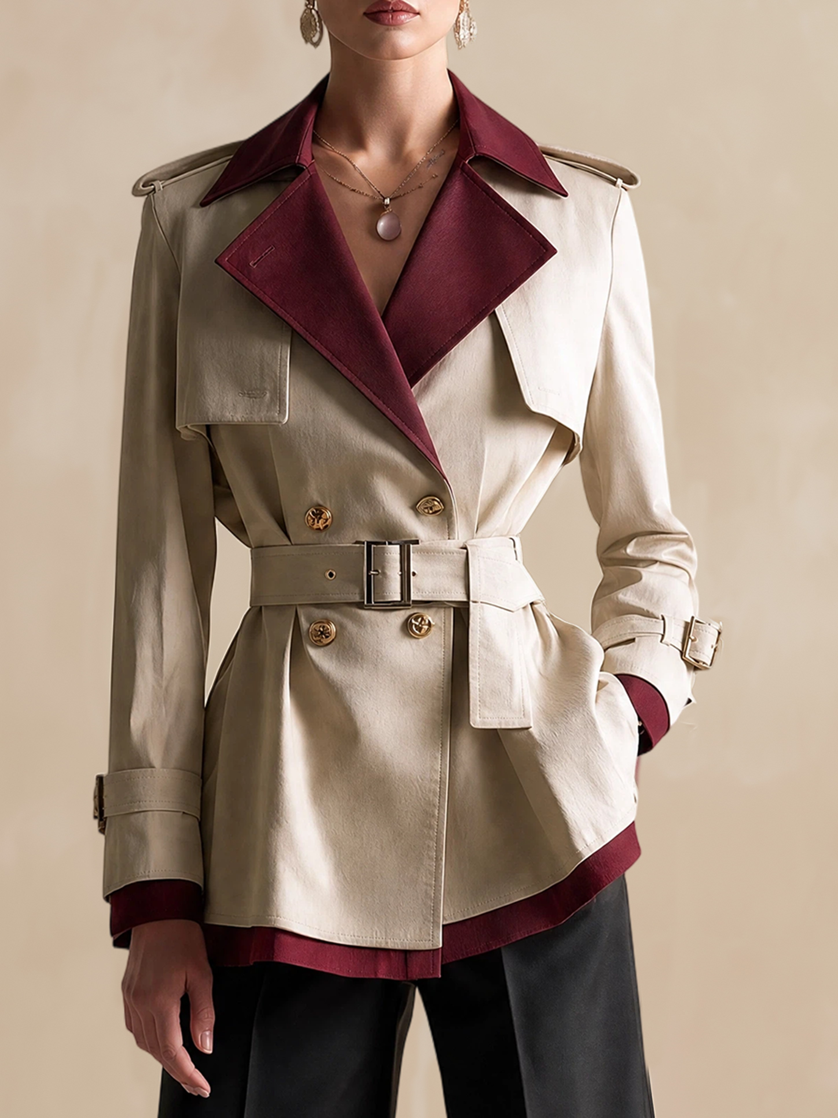 Elegant Ivory & Burgundy Contrast Belted Short Trench Jacket