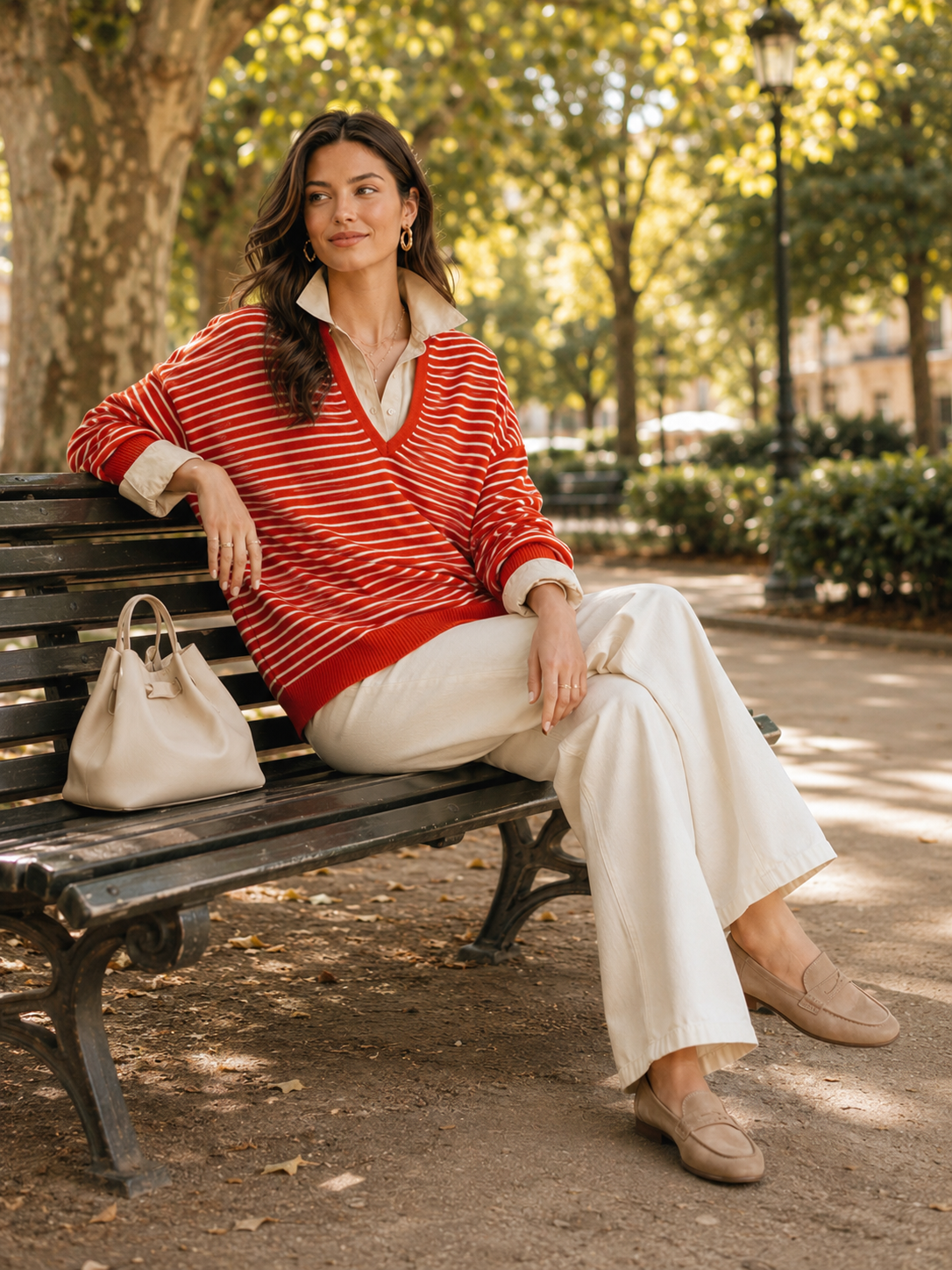Red And White Striped Sweater With A Mock-layered Shirt Collar