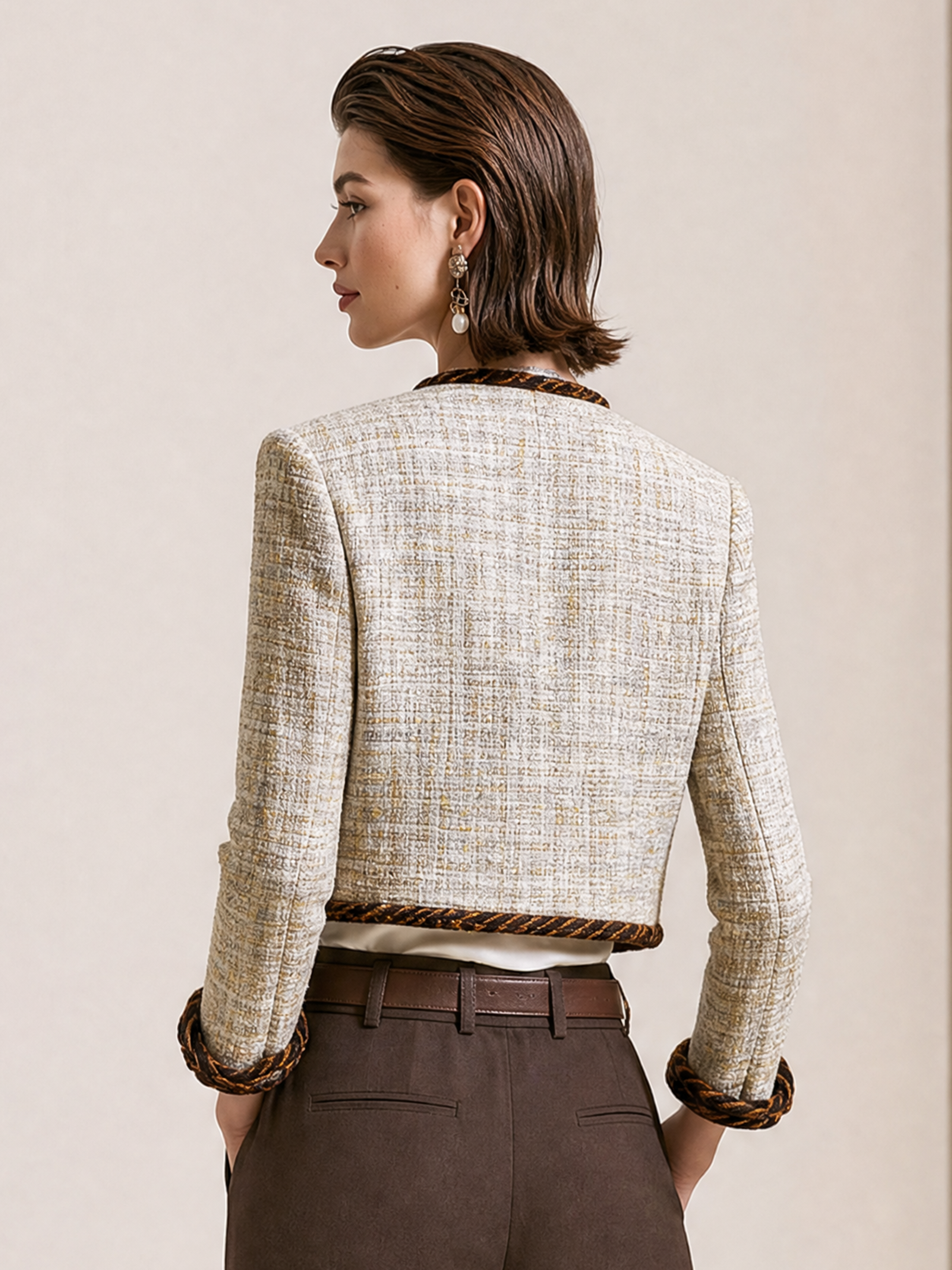 Elegant Ivory & Brown Trim Tweed Cropped Jacket