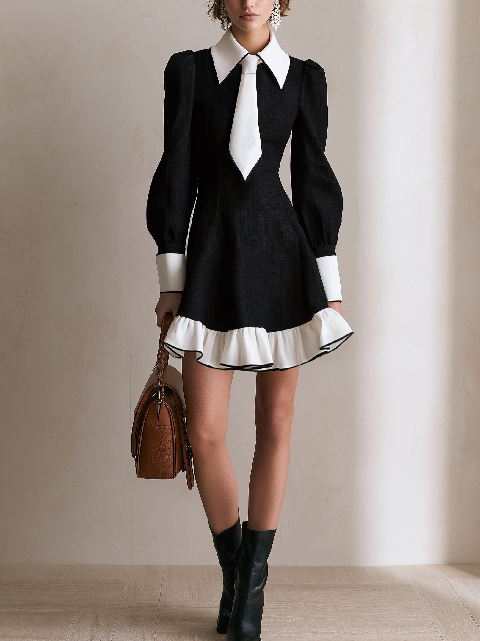 Contrast Collar Tie‑Detail Long Sleeve Mini Dress
