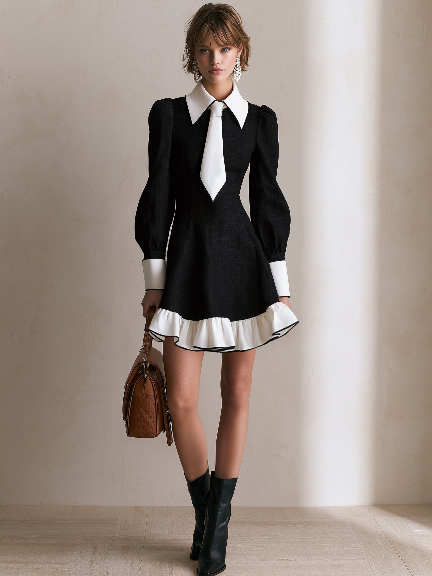Contrast Collar Tie‑Detail Long Sleeve Mini Dress
