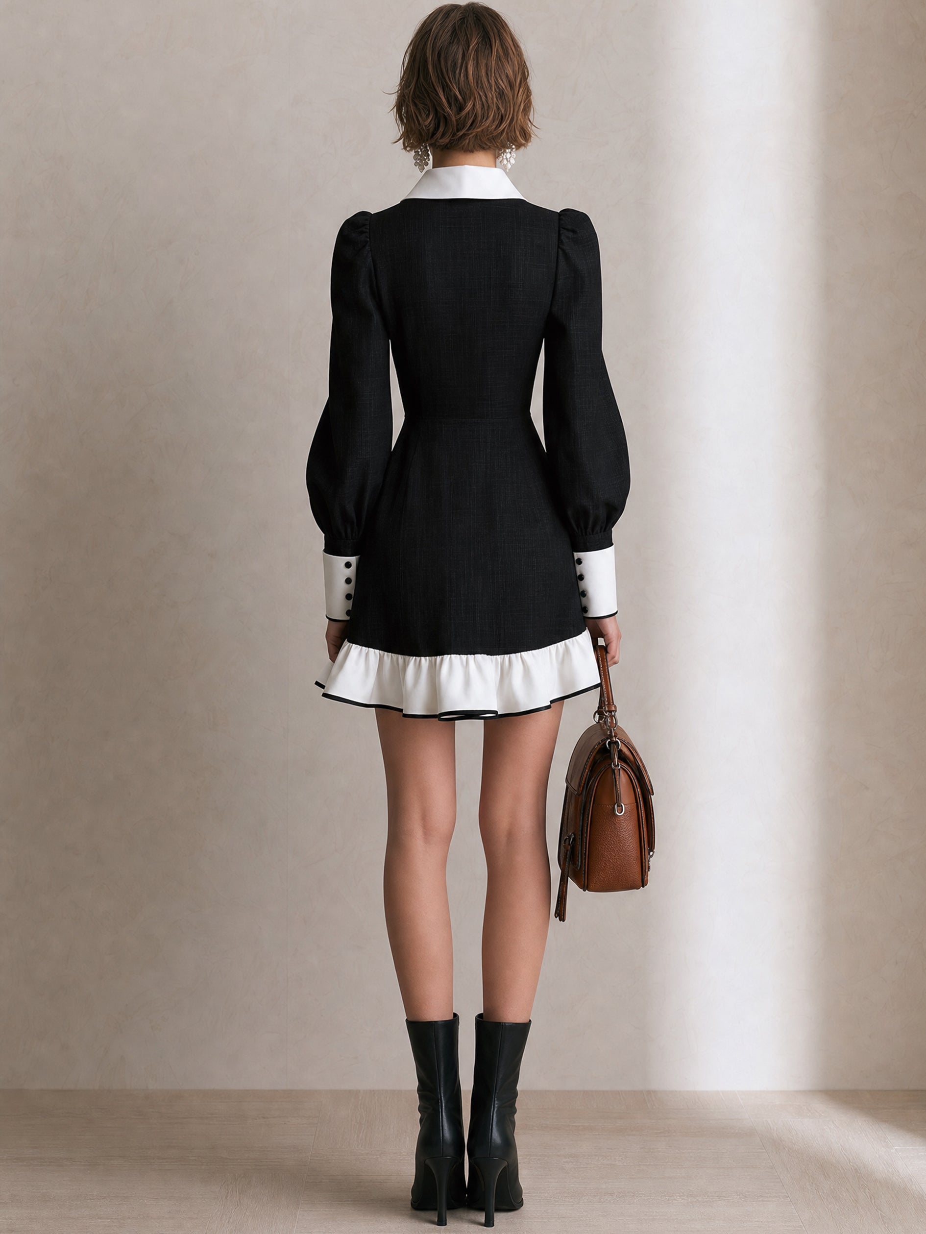 Contrast Collar Tie‑Detail Long Sleeve Mini Dress