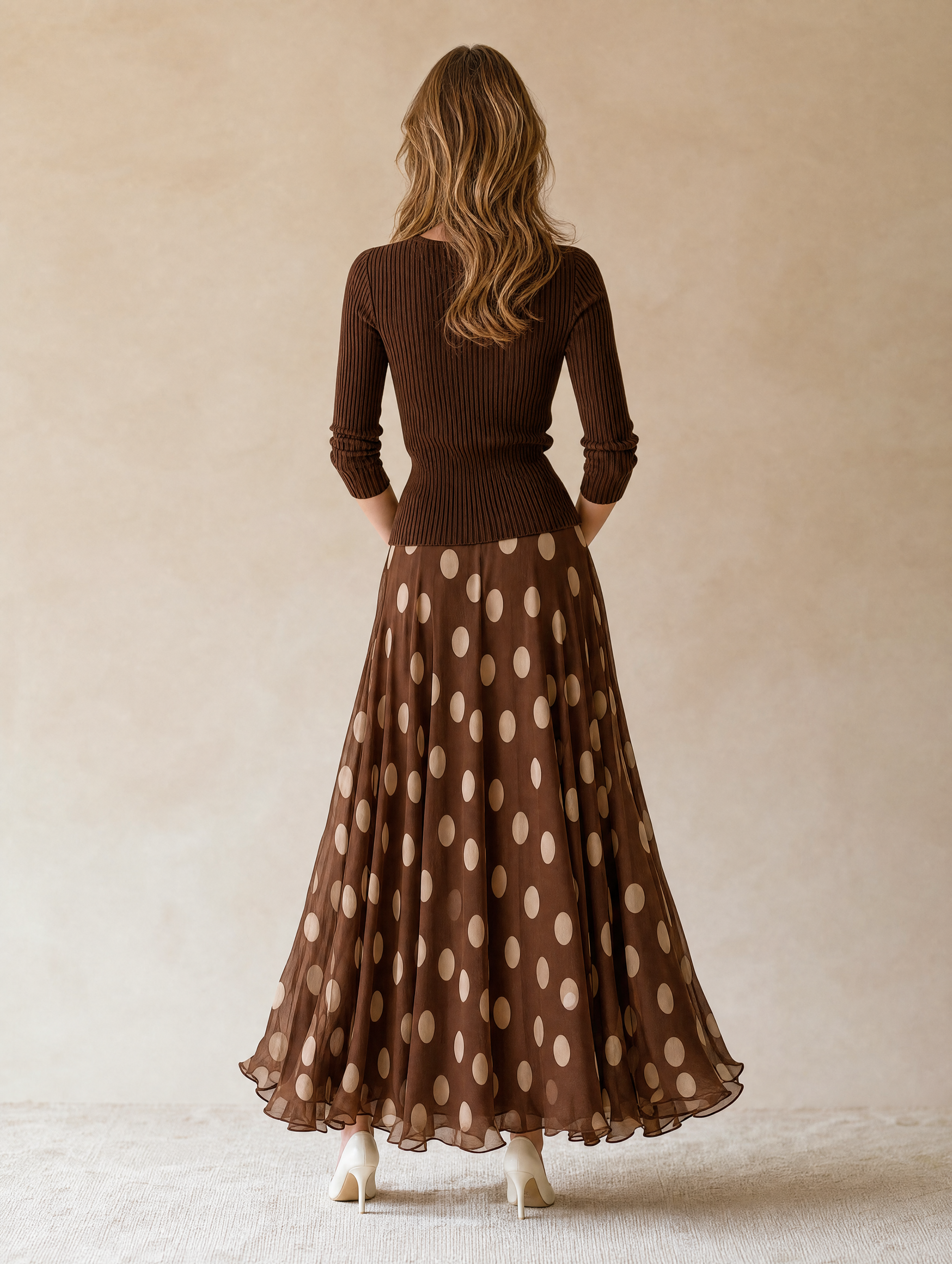 Elegant Brown Polka-dot Dress Featuring A Knit And Chiffon Spliced design