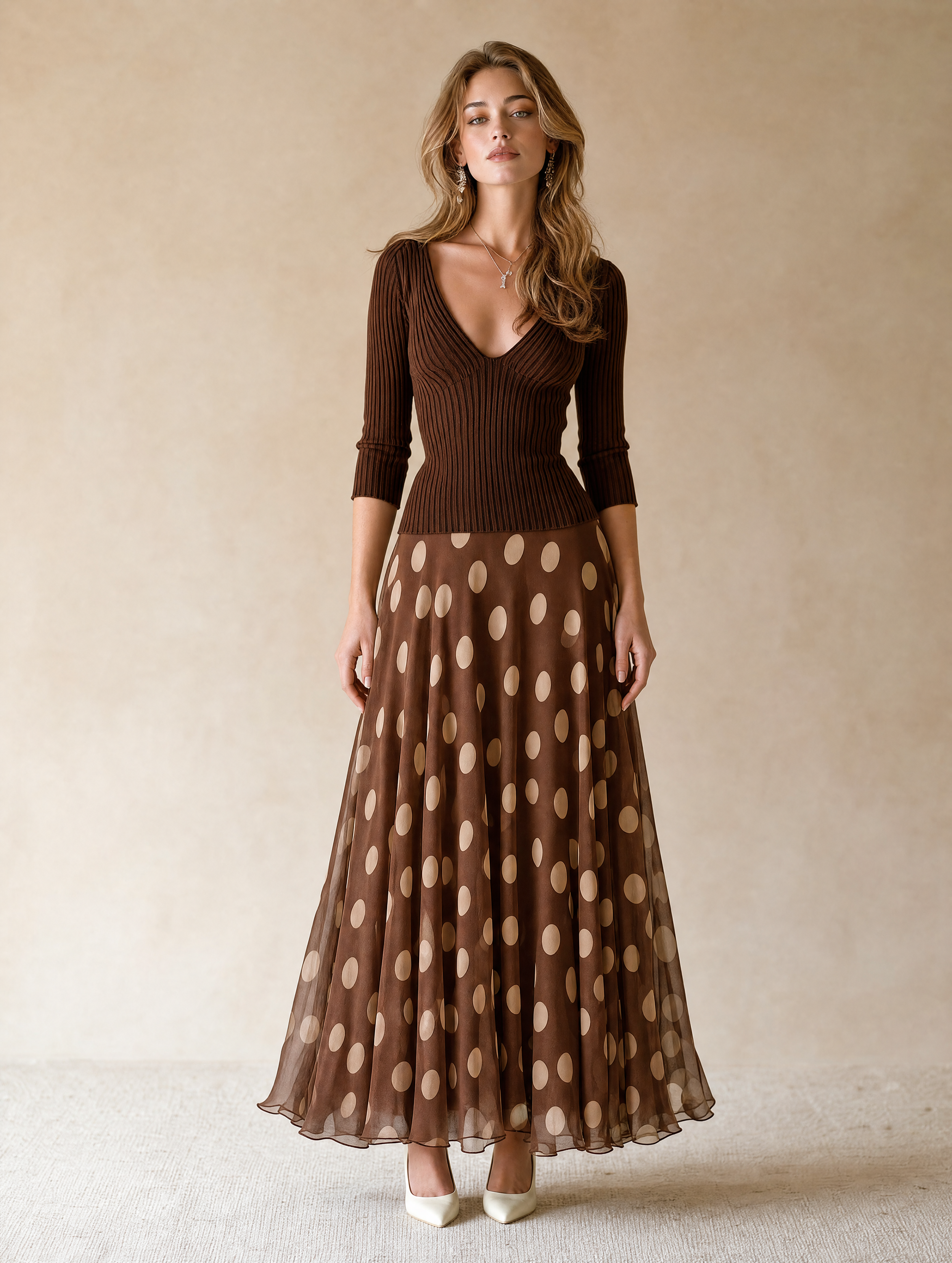 Elegant Brown Polka-dot Dress Featuring A Knit And Chiffon Spliced design
