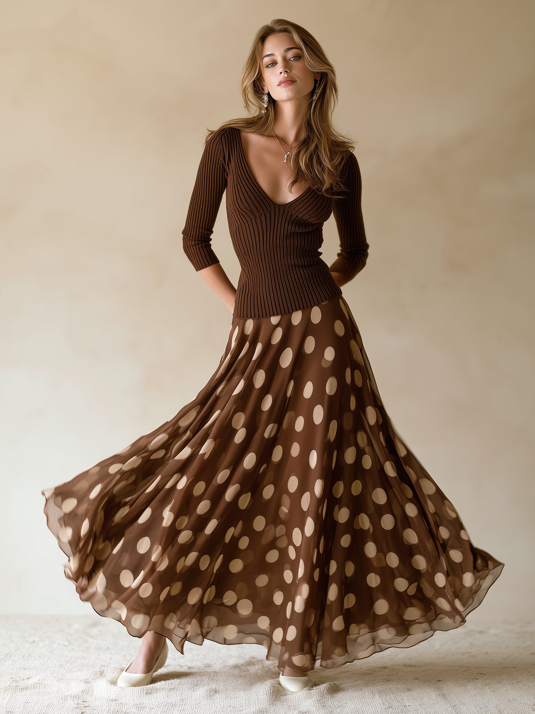 Elegant Brown Polka-dot Dress Featuring A Knit And Chiffon Spliced design