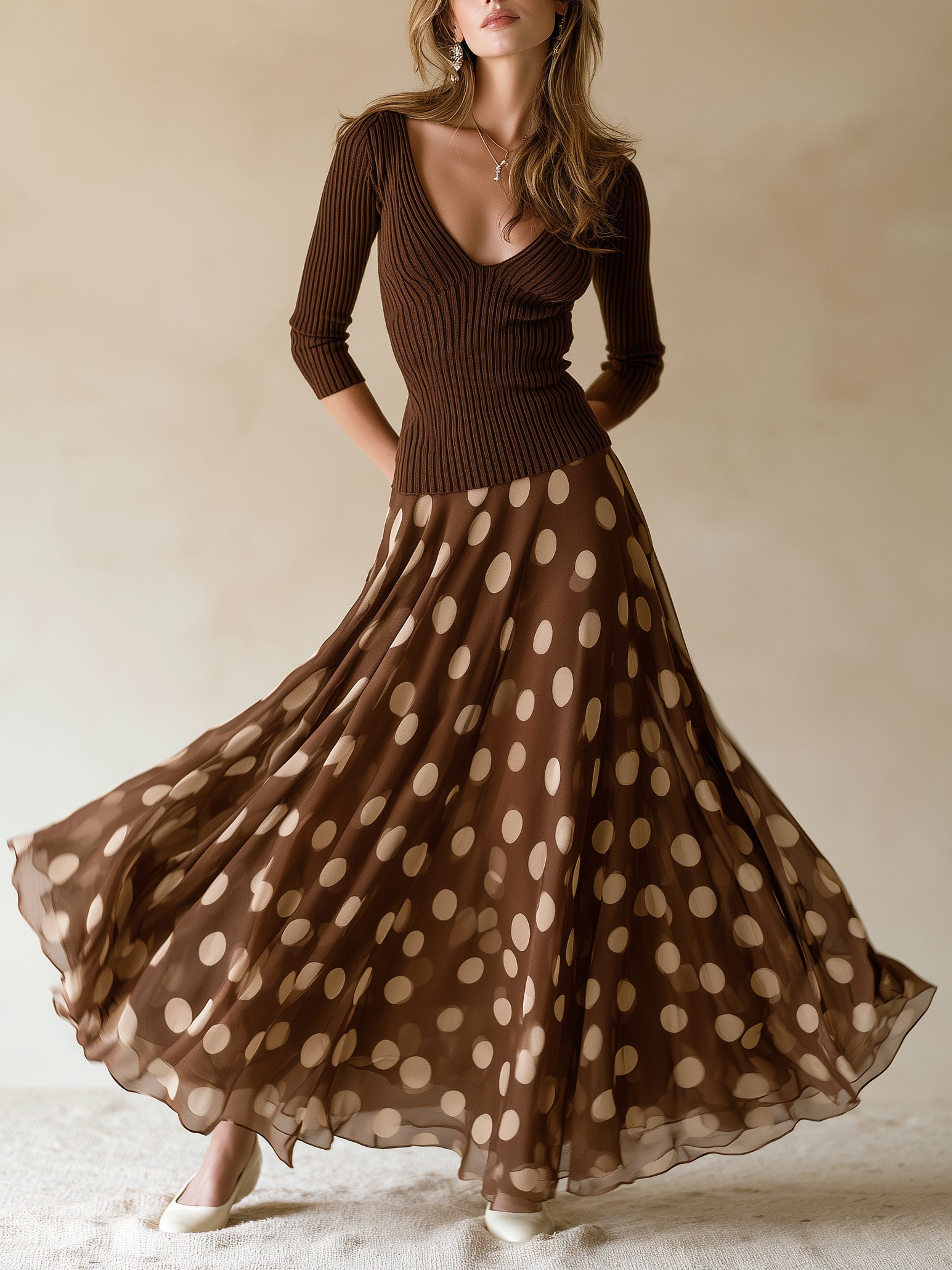 Elegant Brown Polka-dot Dress Featuring A Knit And Chiffon Spliced design