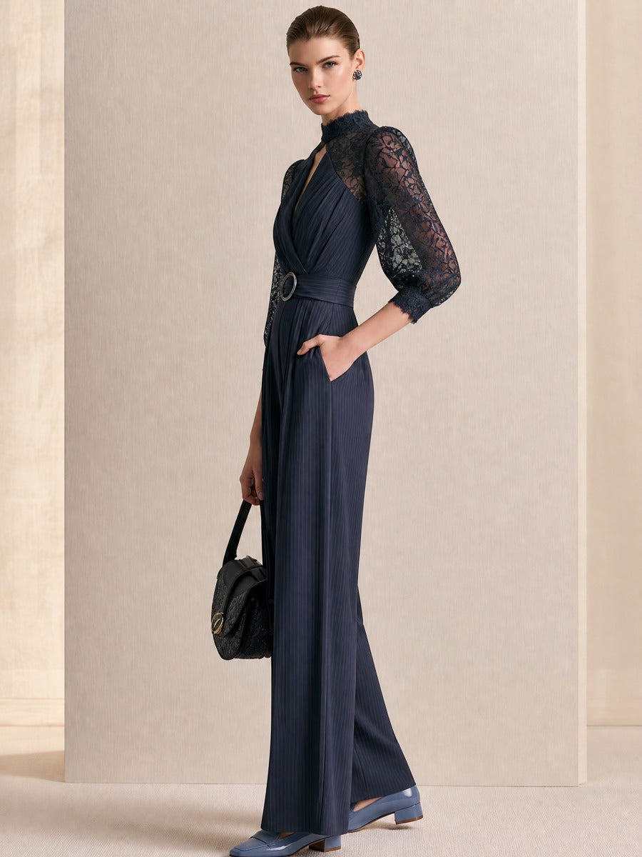 Navy Lace Mock Neck Waisted Wide‑Leg Jumpsuit
