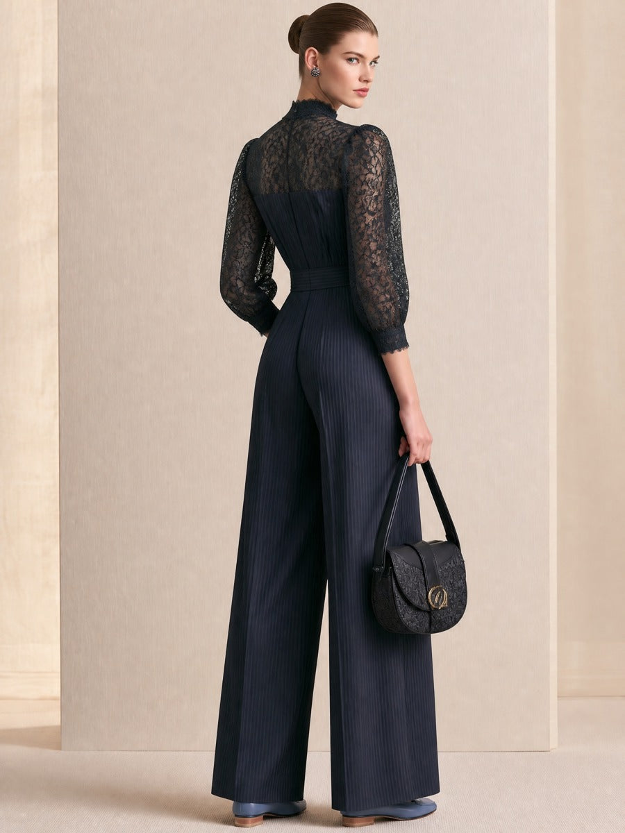 Navy Lace Mock Neck Waisted Wide‑Leg Jumpsuit