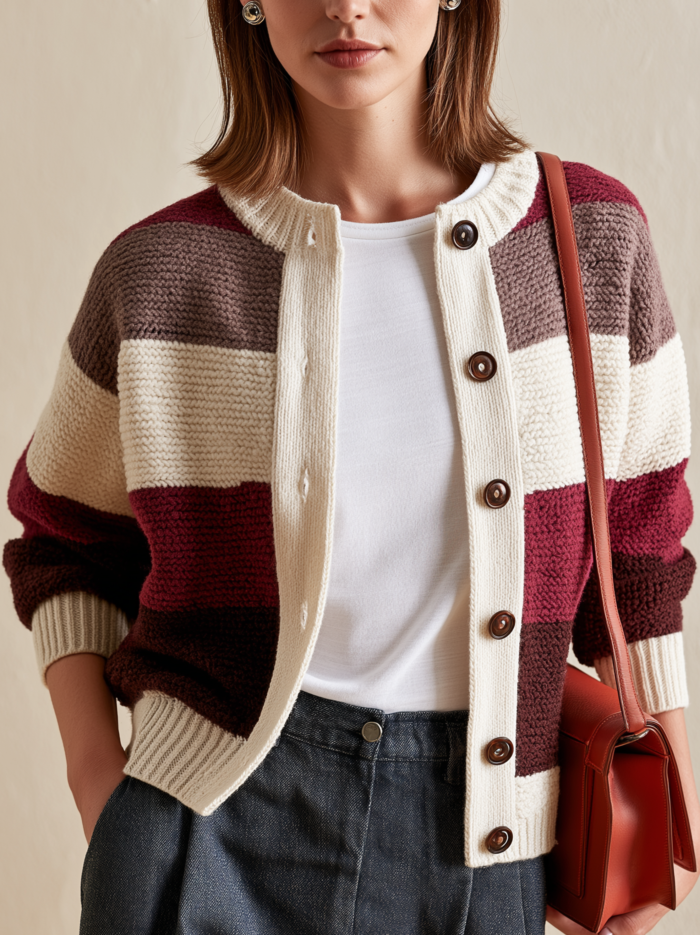 Retro Color‑Block Stripe Crew‑Neck Chunky Knit Cardigan