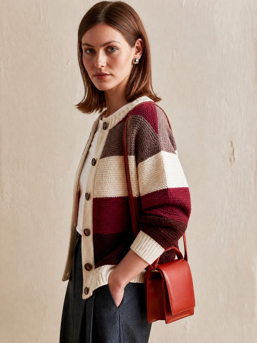 Retro Color‑Block Stripe Crew‑Neck Chunky Knit Cardigan