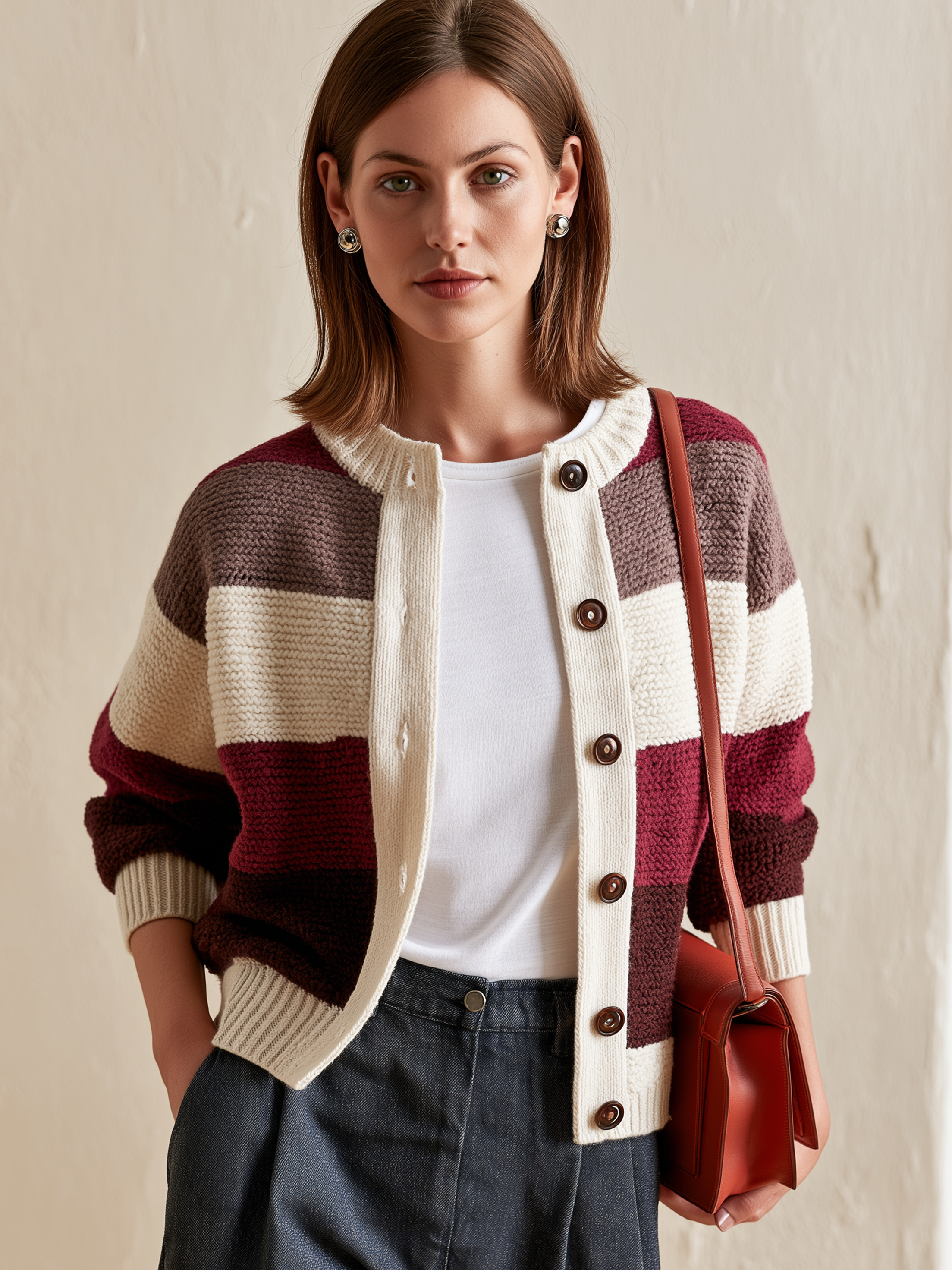 Retro Color‑Block Stripe Crew‑Neck Chunky Knit Cardigan
