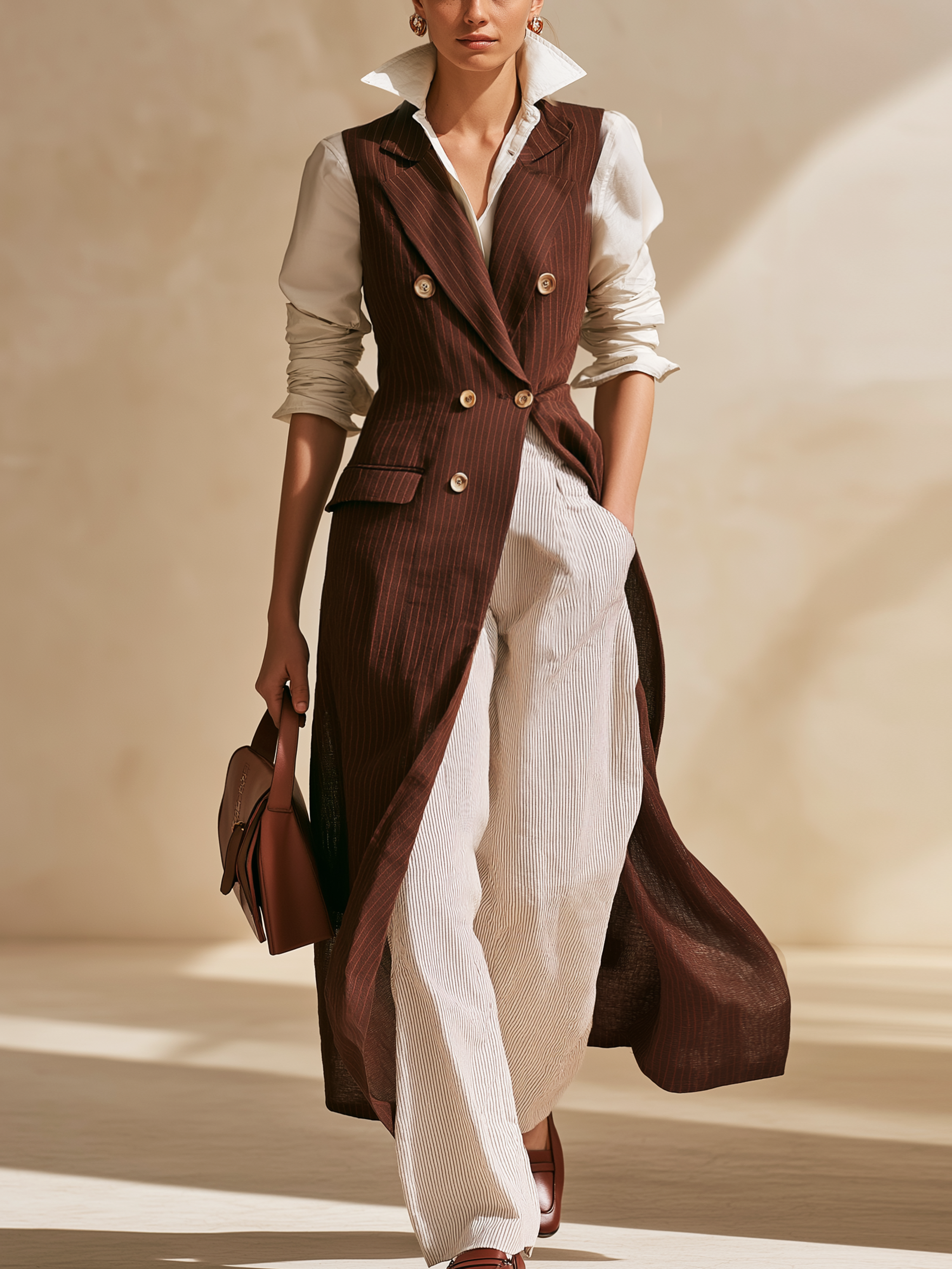 Brown Pinstripe Lapel Sleeveless Long Waistcoat
