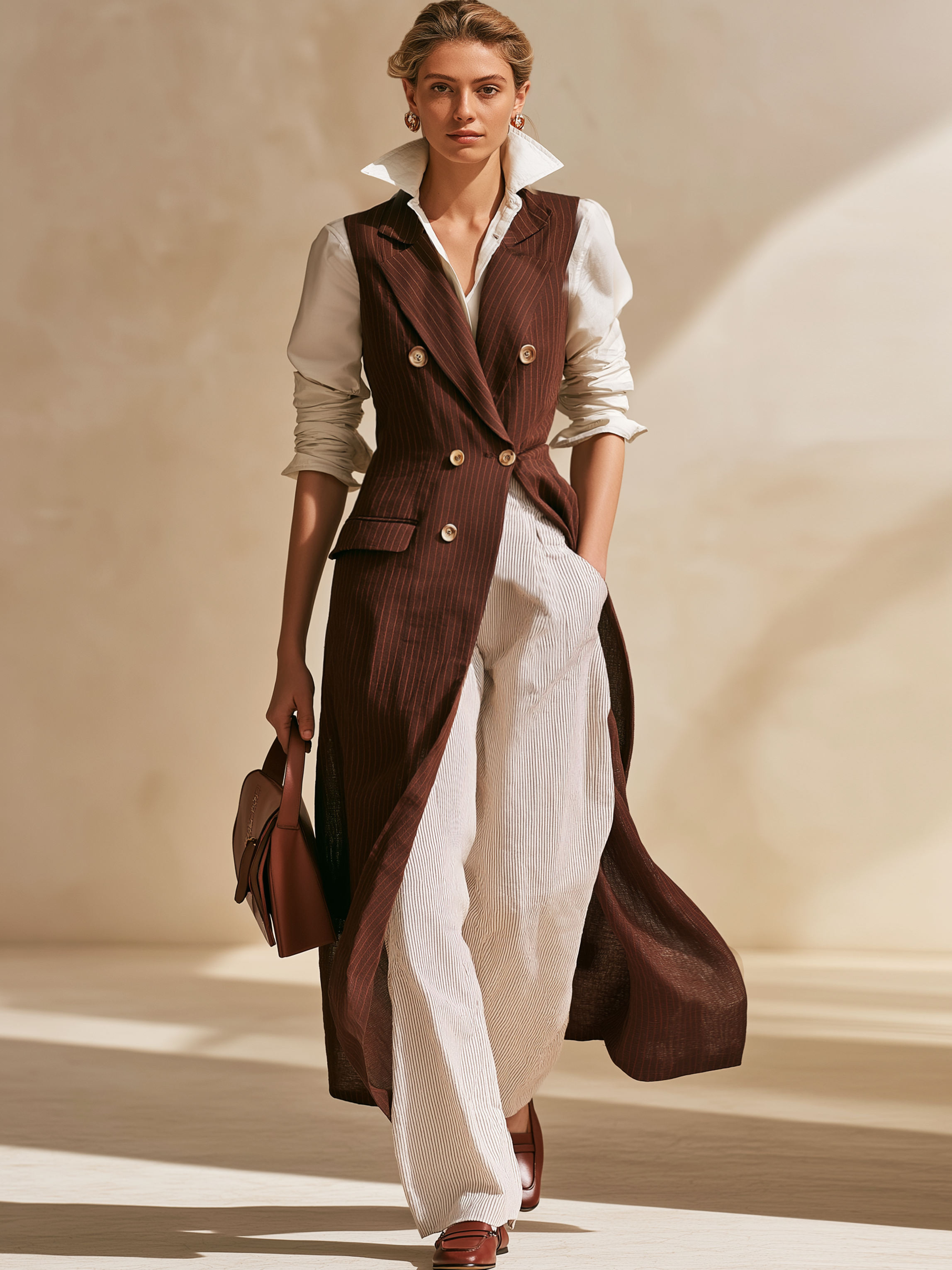 Brown Pinstripe Lapel Sleeveless Long Waistcoat