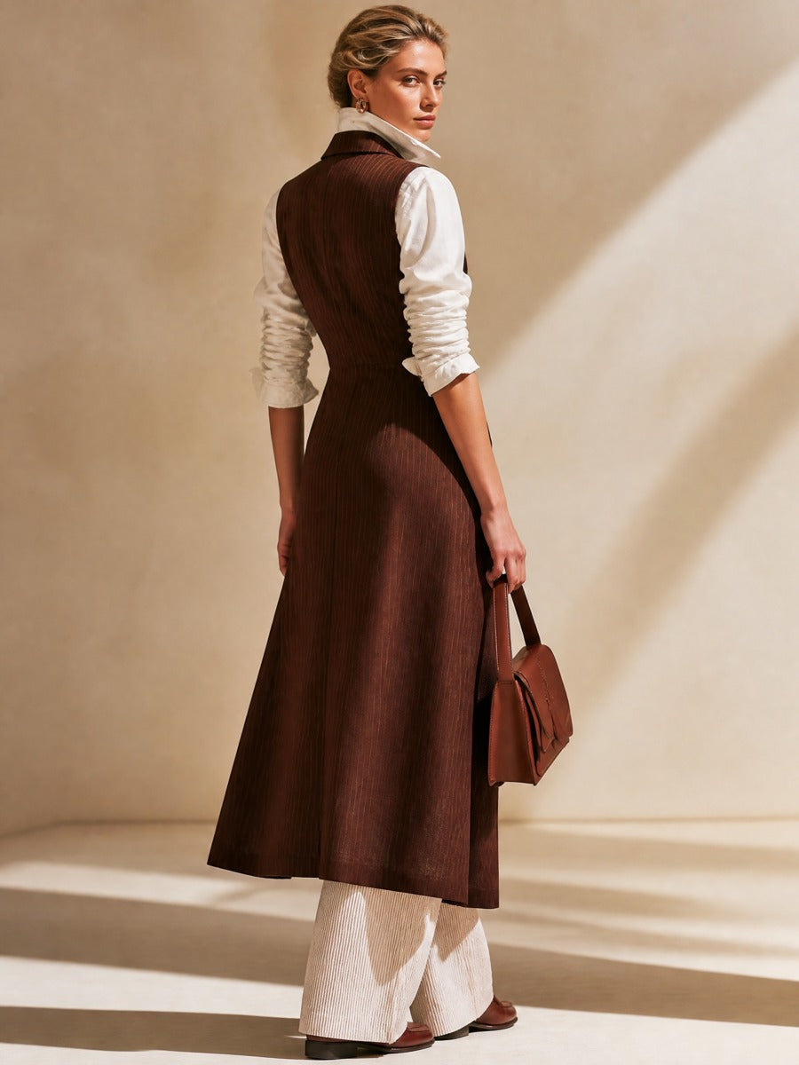 Brown Pinstripe Lapel Sleeveless Long Waistcoat