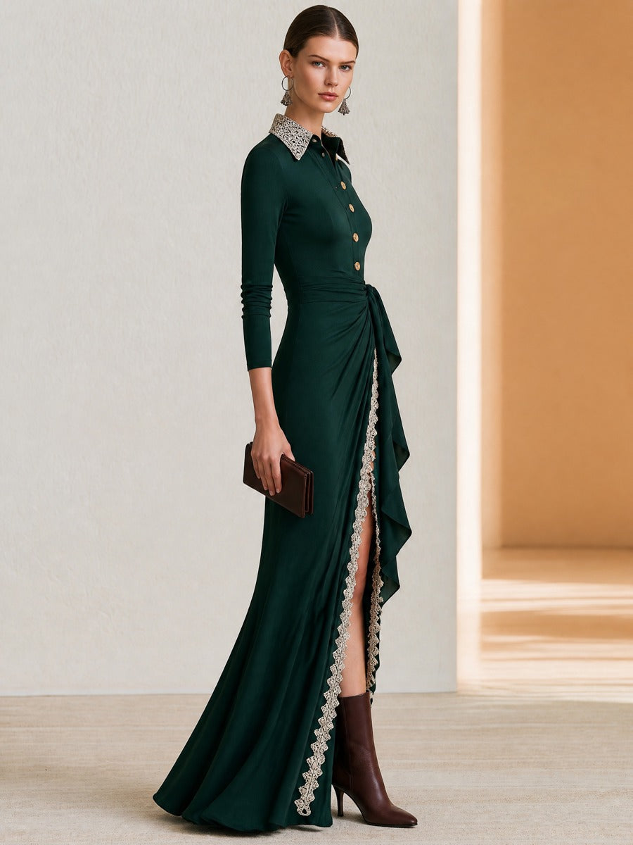 Dark Green Lace Collar Wrap Tie Slit Mermaid Maxi Dress