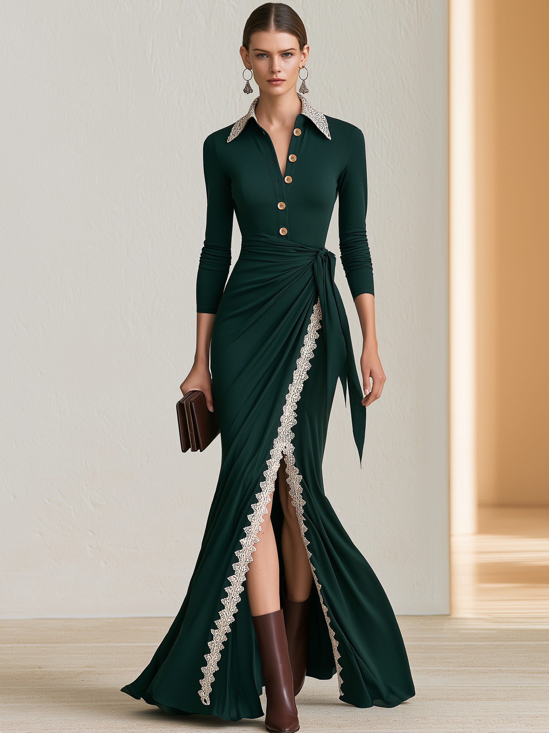 Dark Green Lace Collar Wrap Tie Slit Mermaid Maxi Dress