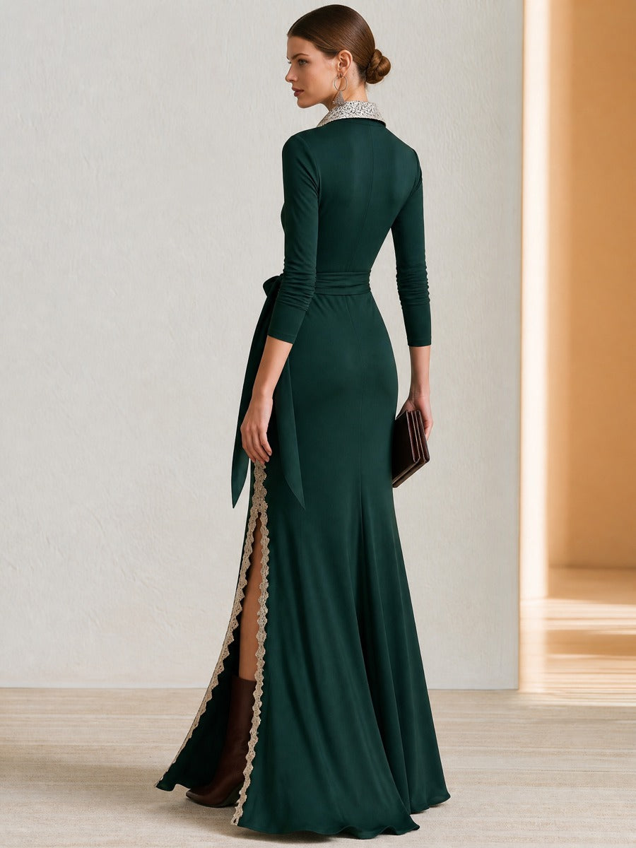 Dark Green Lace Collar Wrap Tie Slit Mermaid Maxi Dress