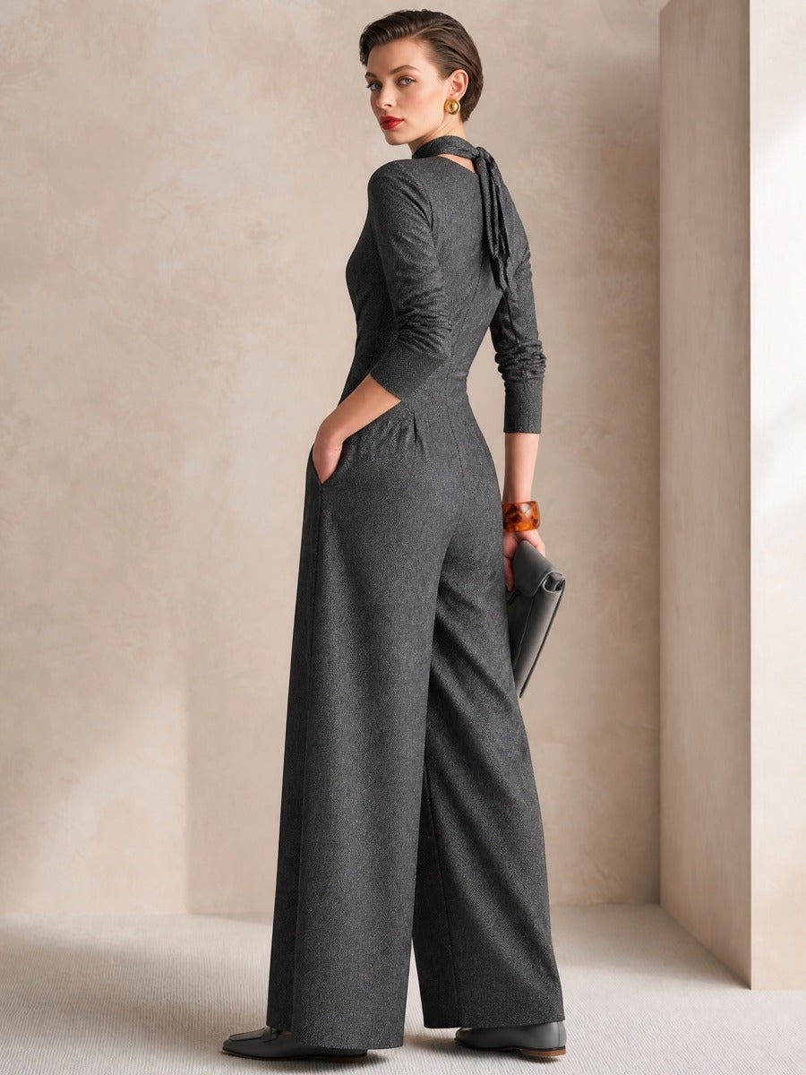 Charcoal Grey Twist Front Sash High Waist Wide‑Leg Jumpsuit