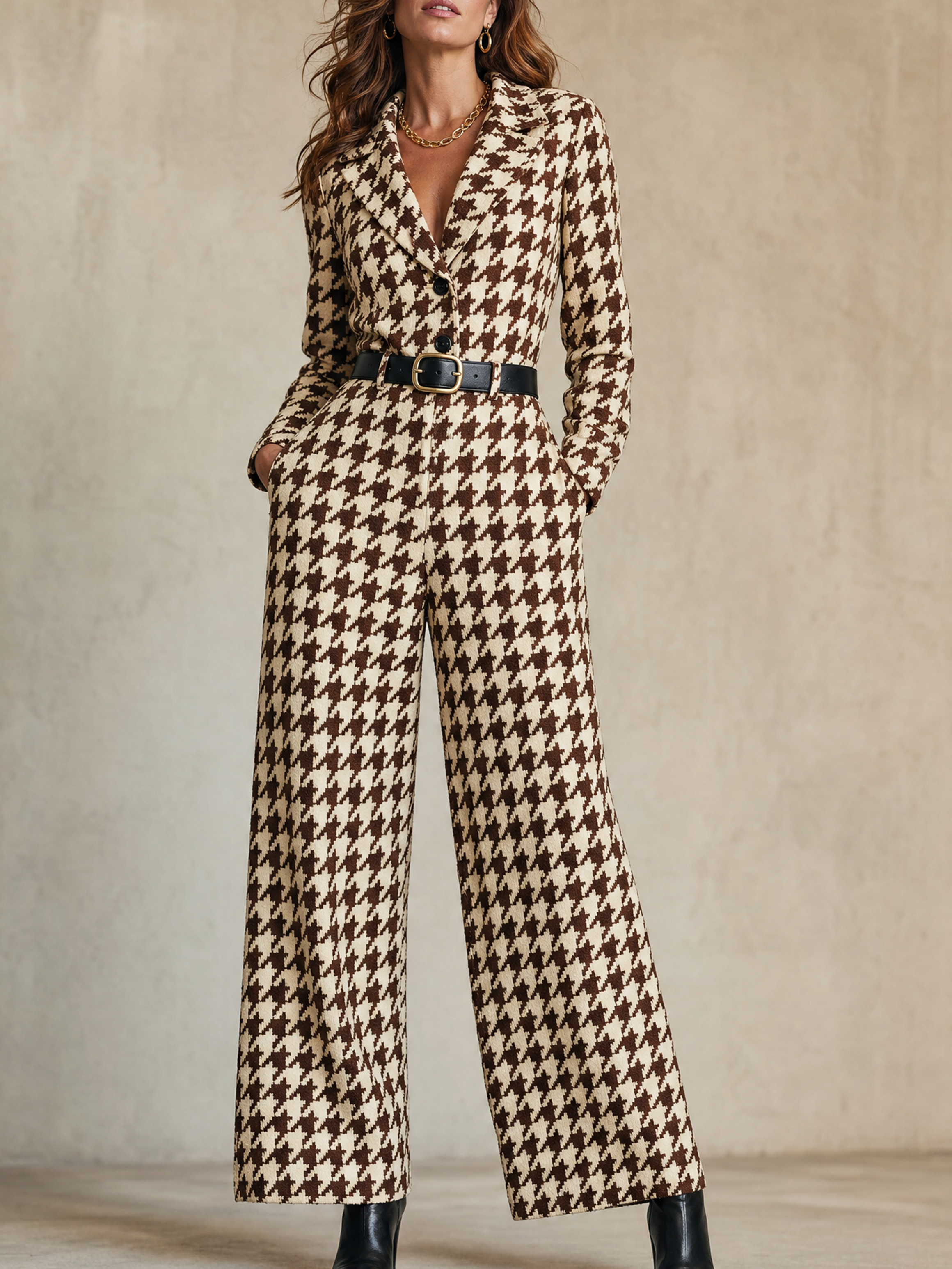 Elegant Ivory & Brown Houndstooth Belted Wide-Leg Jumpsuit