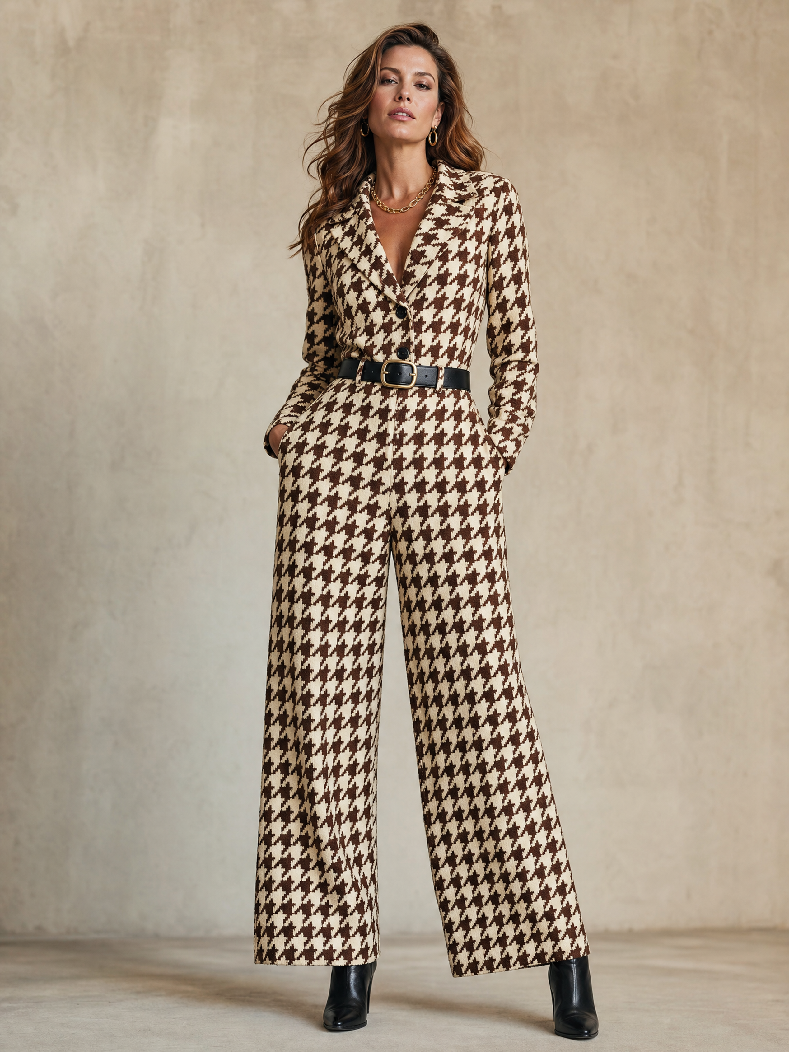 Elegant Ivory & Brown Houndstooth Belted Wide-Leg Jumpsuit