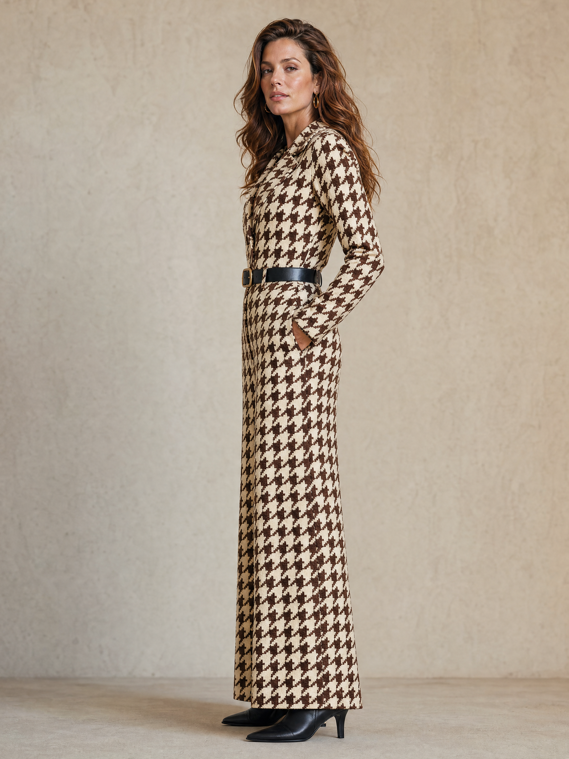 Elegant Ivory & Brown Houndstooth Belted Wide-Leg Jumpsuit