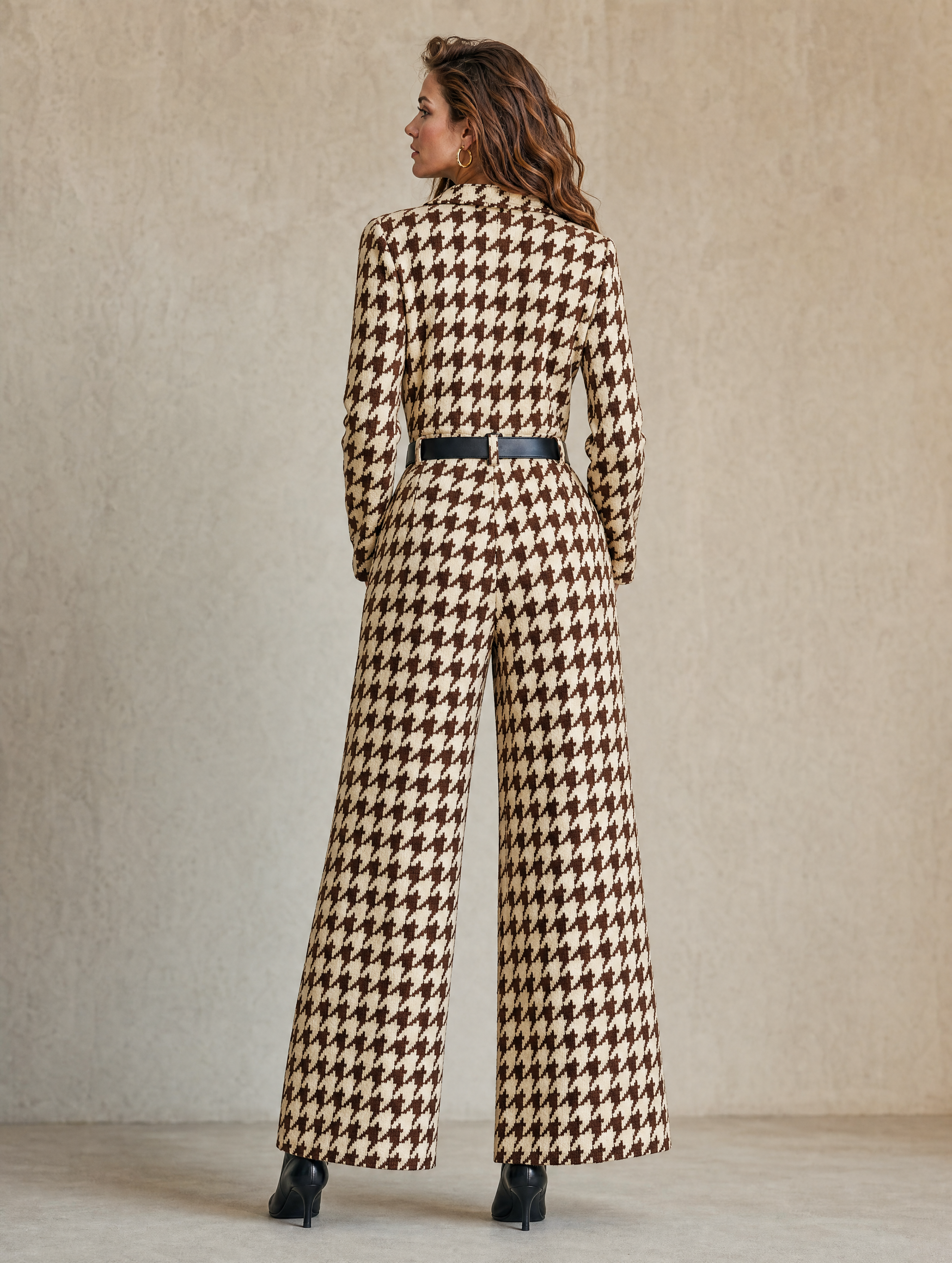 Elegant Ivory & Brown Houndstooth Belted Wide-Leg Jumpsuit