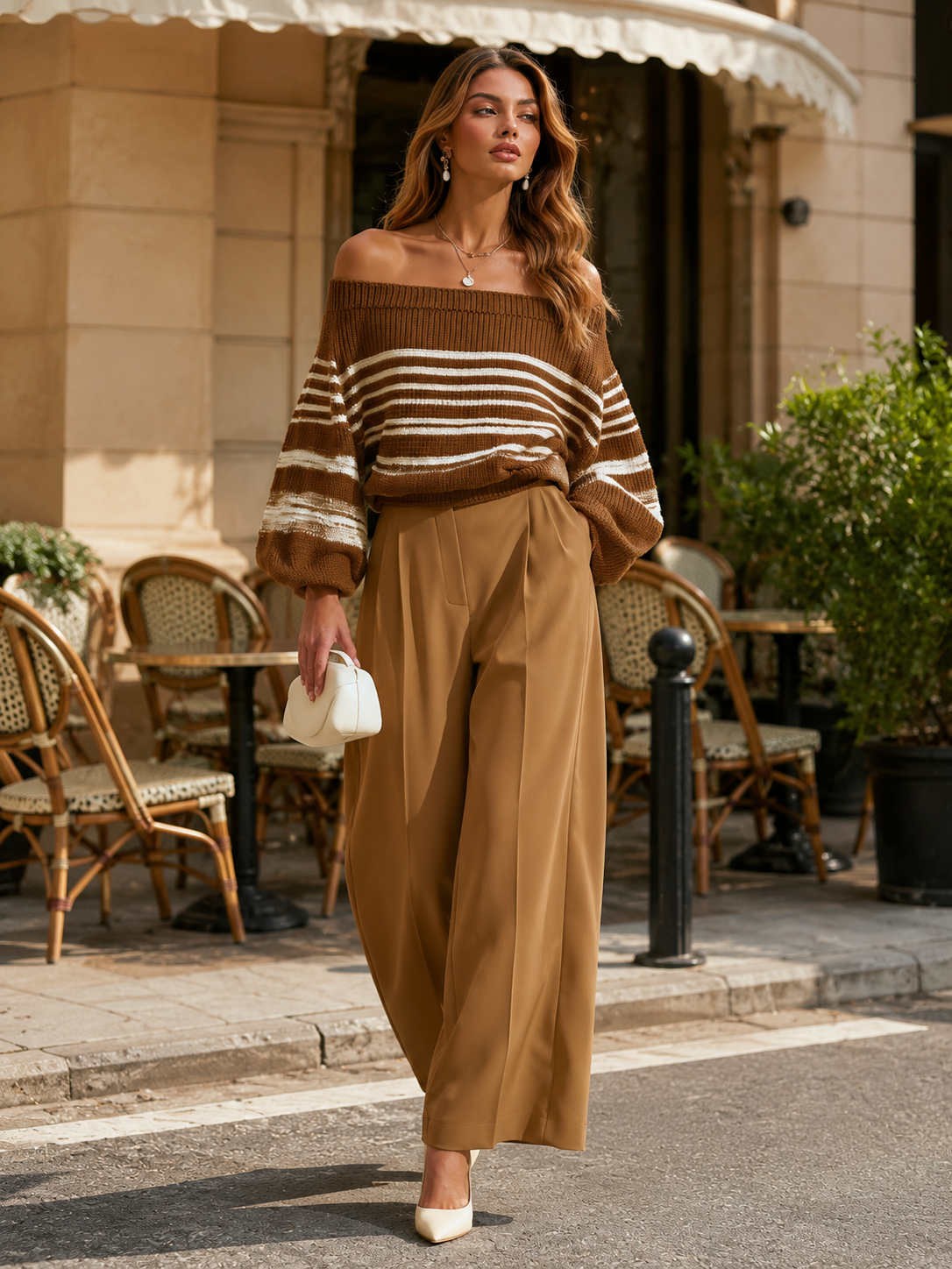 Elegant Brown Off-shoulder Knit Top With White Stripes