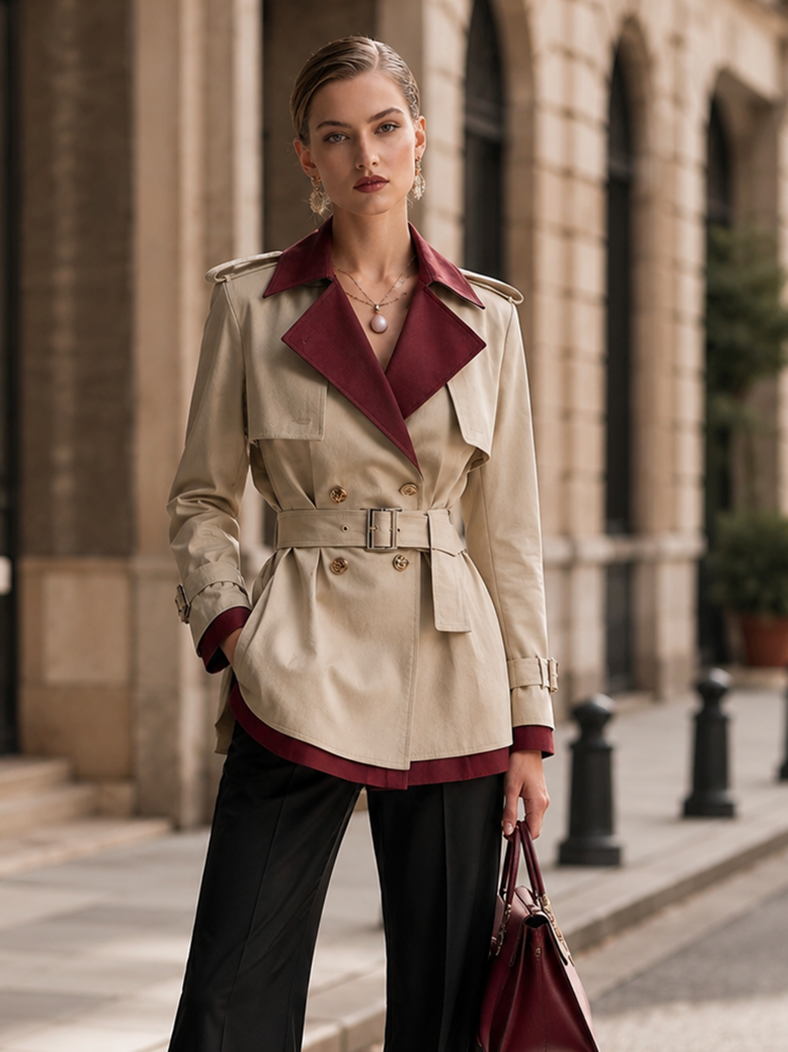 Elegant Ivory & Burgundy Contrast Belted Short Trench Jacket