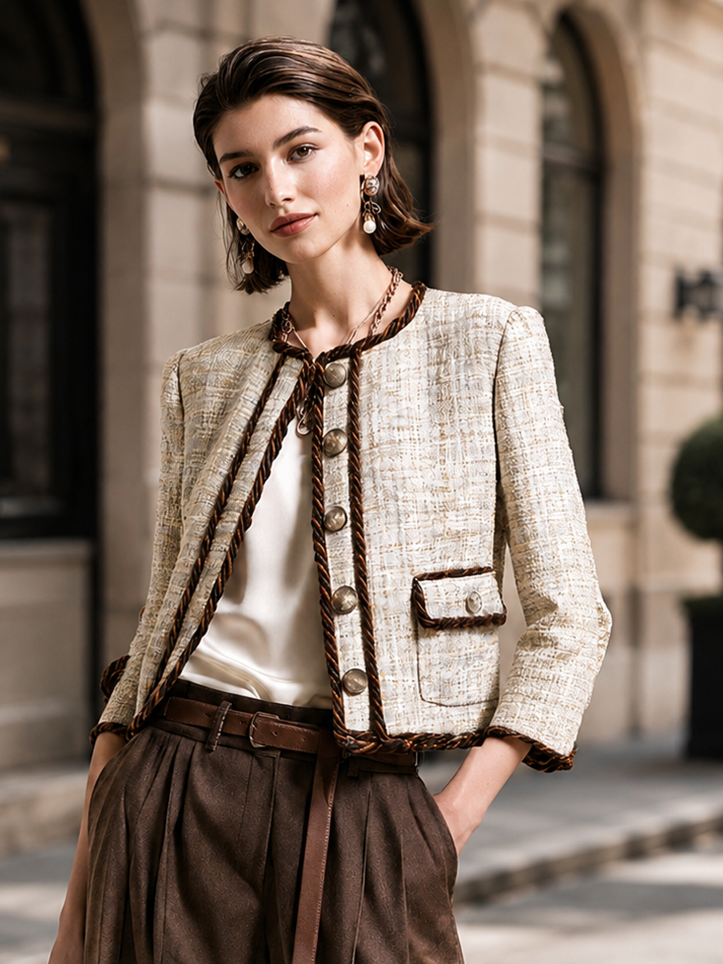 Elegant Ivory & Brown Trim Tweed Cropped Jacket