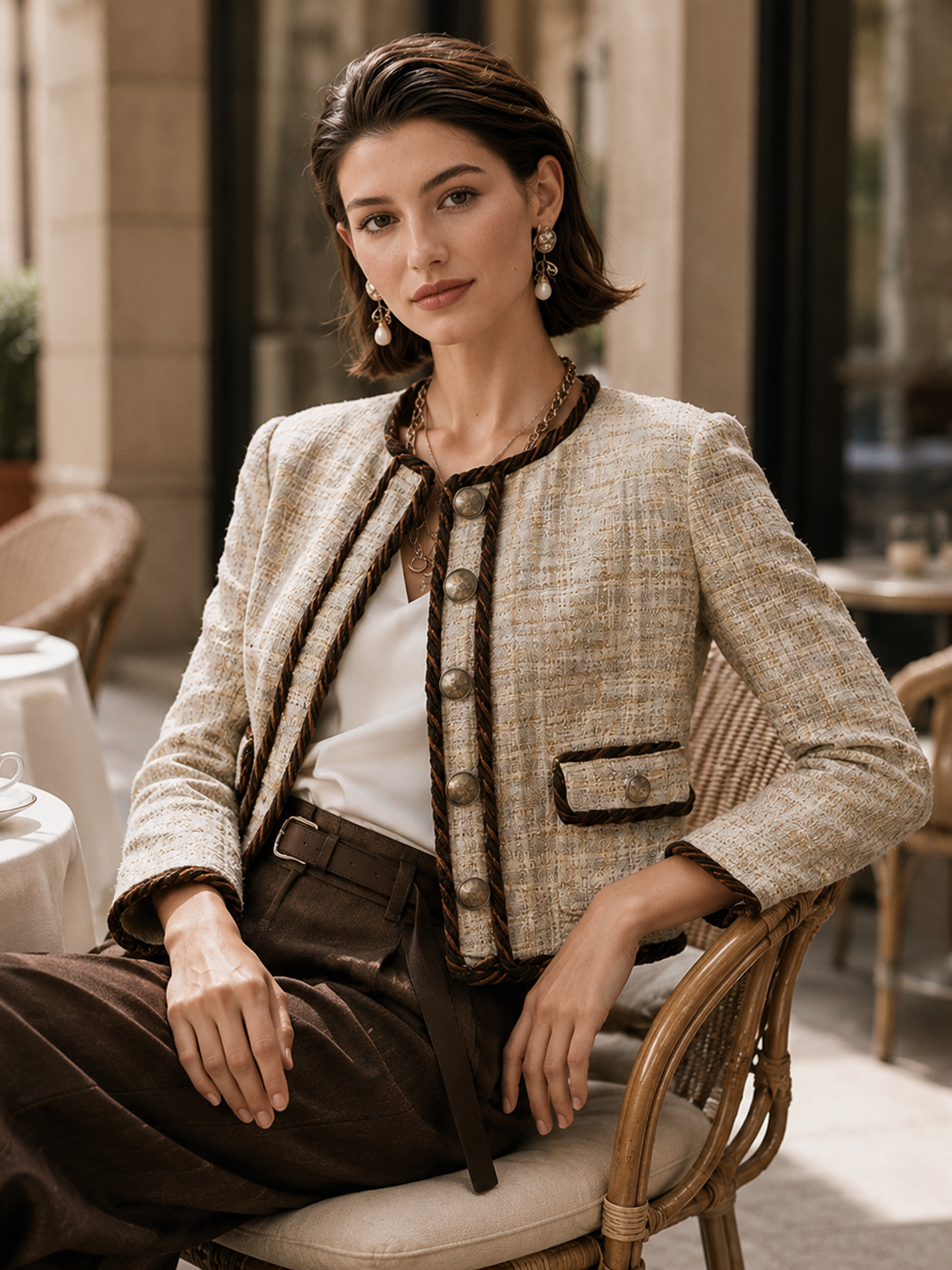 Elegant Ivory & Brown Trim Tweed Cropped Jacket