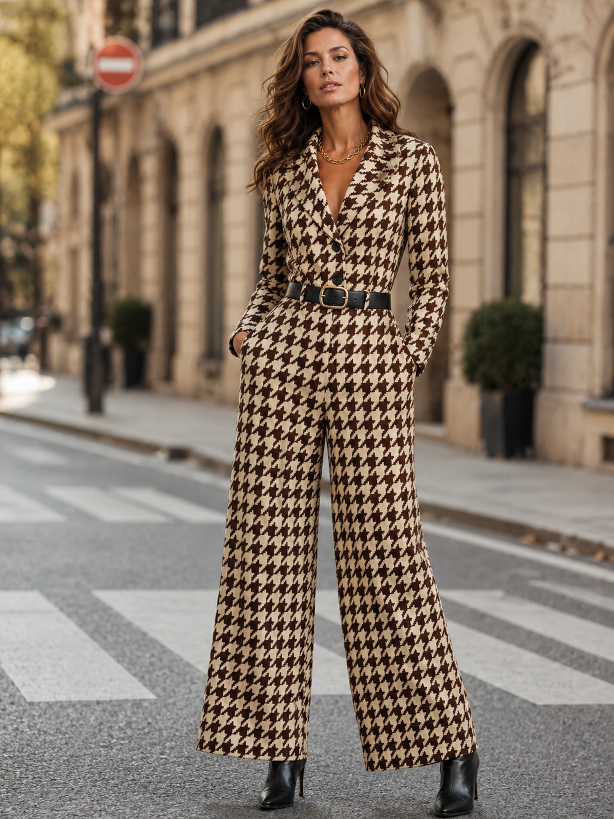 Elegant Ivory & Brown Houndstooth Belted Wide-Leg Jumpsuit