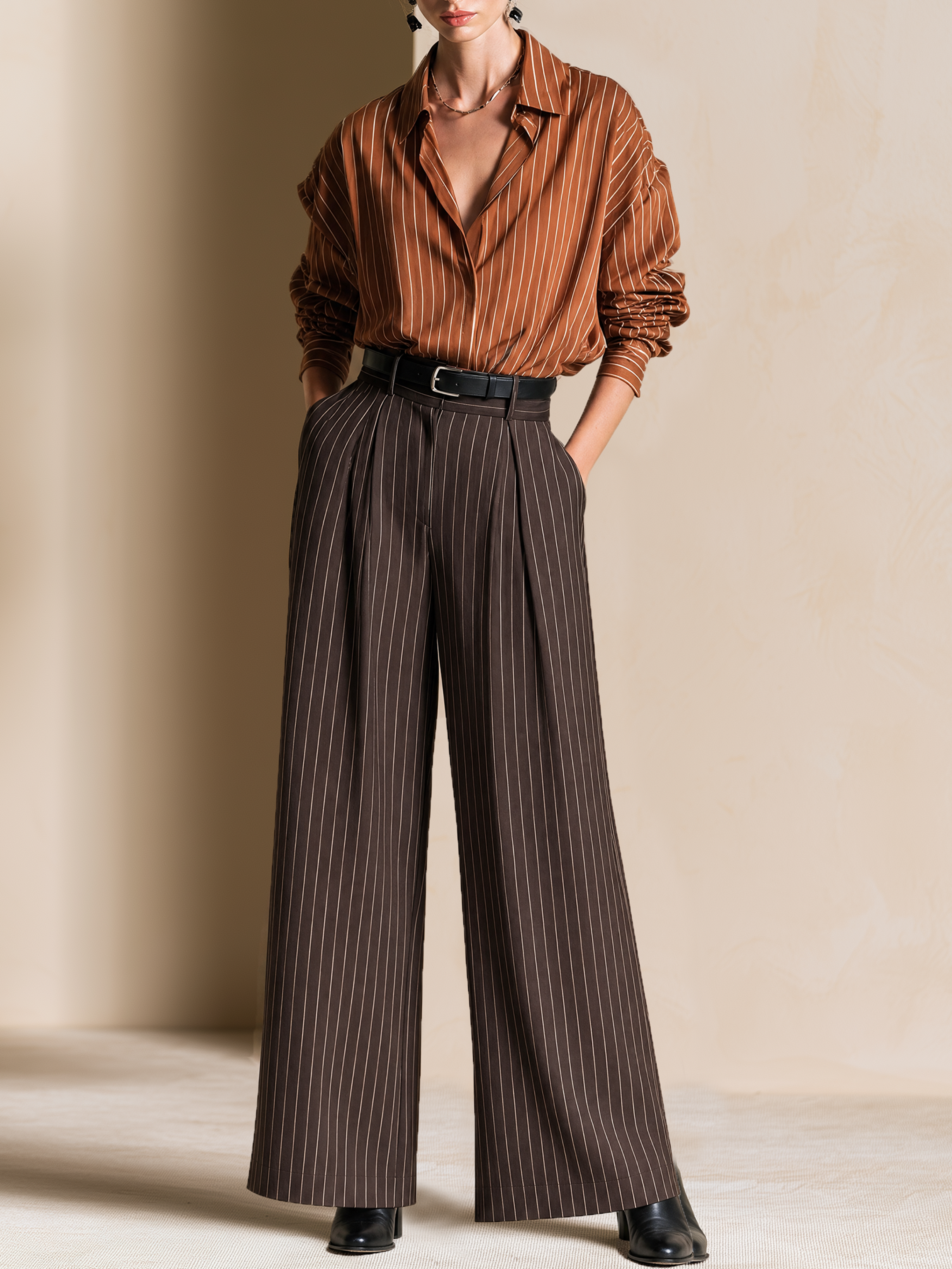 Elegant Warm Brown Striped Shirt & Dark Coffee Wide-Leg Pants Set