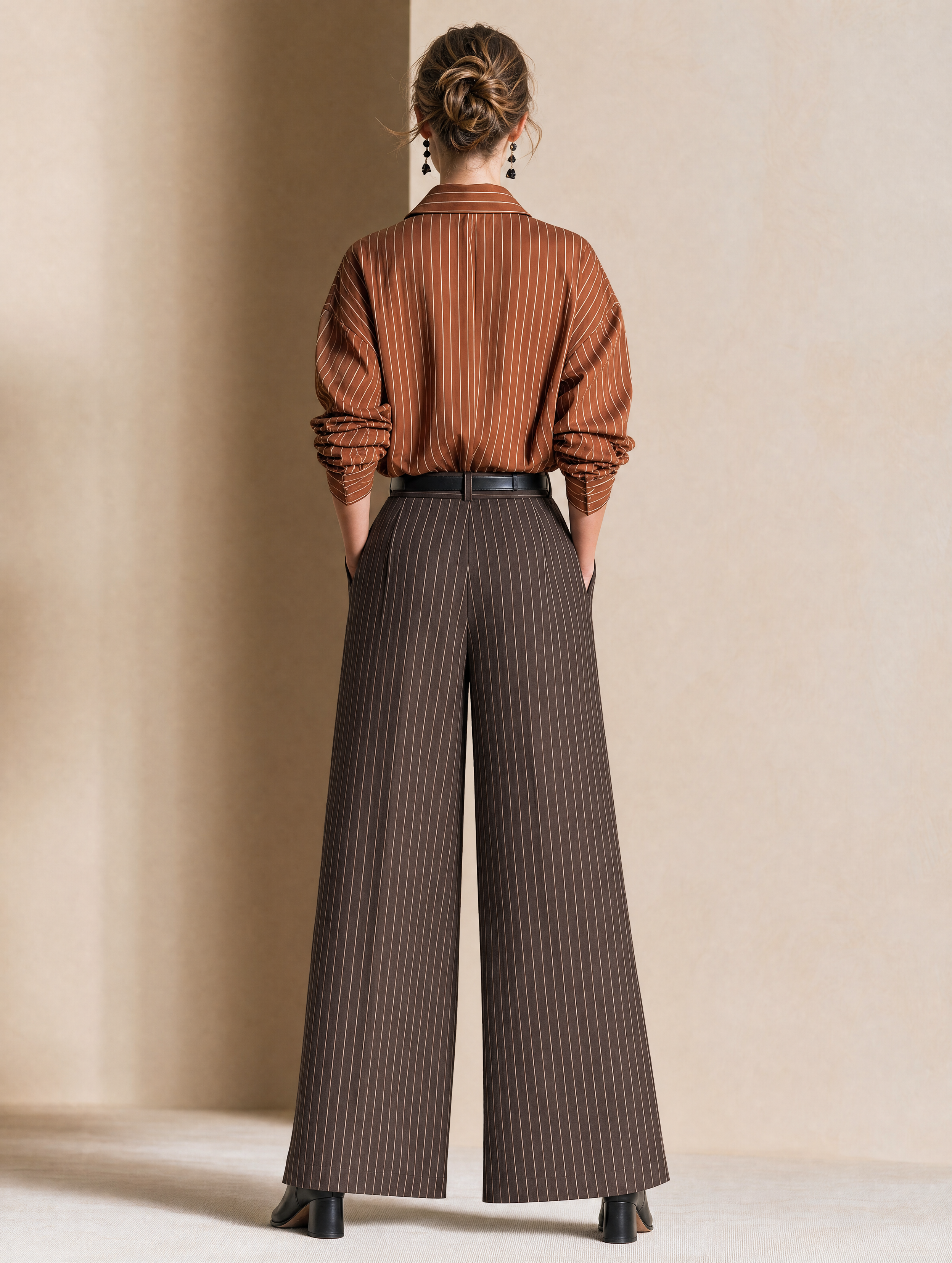 Elegant Warm Brown Striped Shirt & Dark Coffee Wide-Leg Pants Set