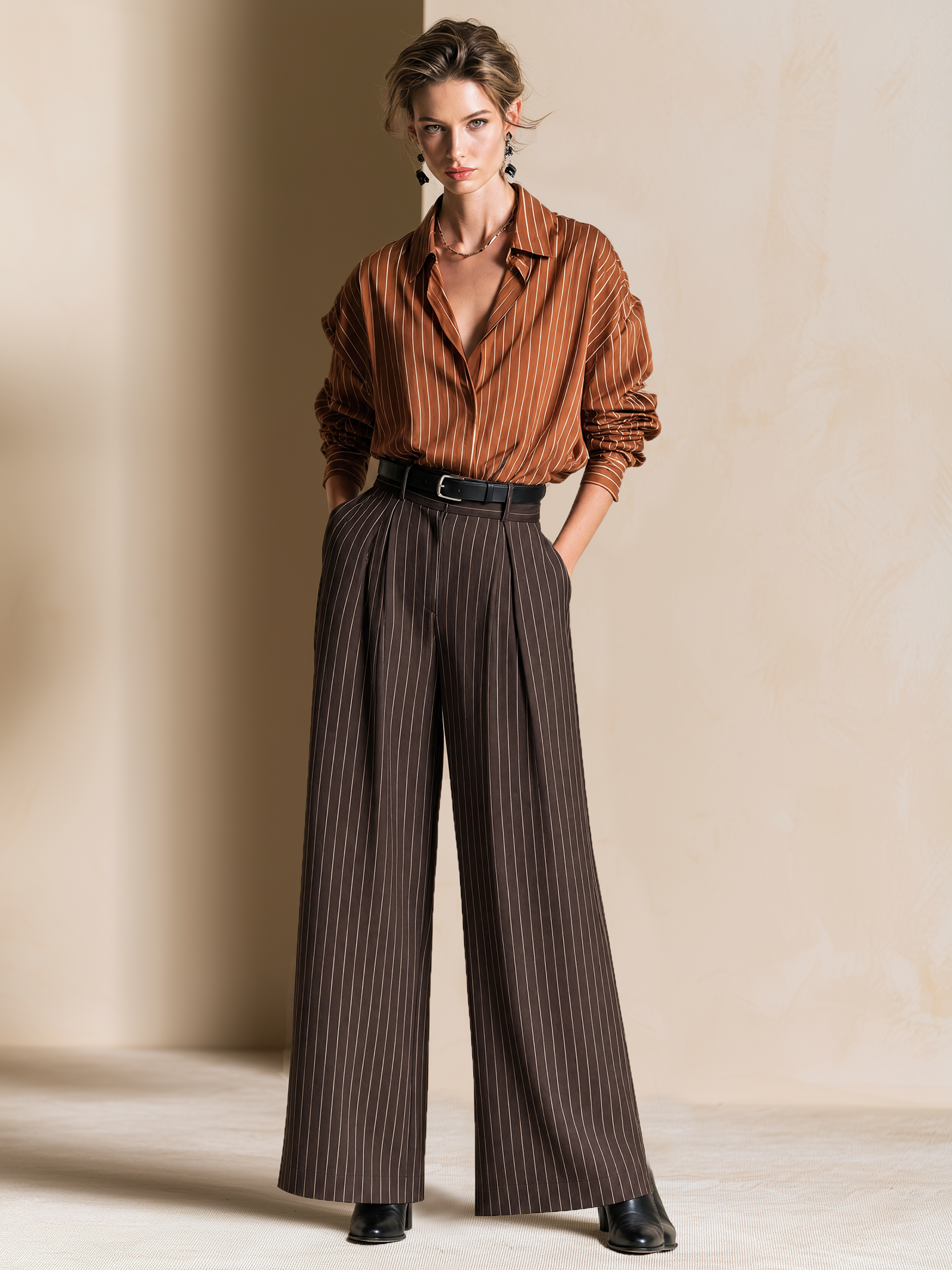 Elegant Warm Brown Striped Shirt & Dark Coffee Wide-Leg Pants Set